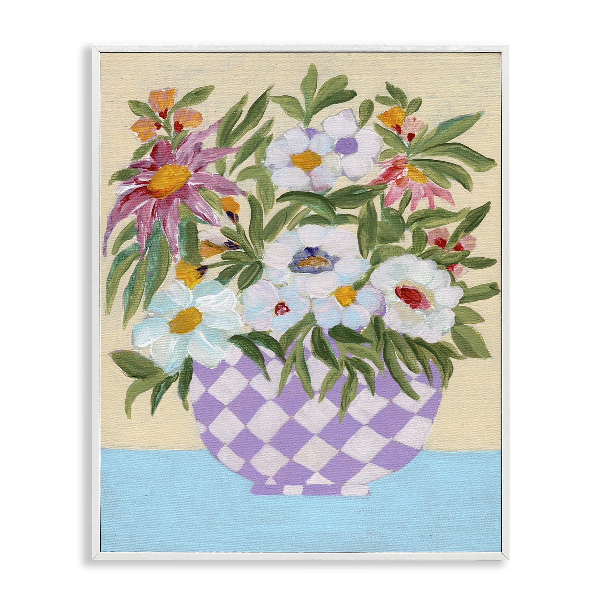 Stupell Industries Checkered Flower Pot Plants & Flowers Painting White Framed Art Print Wall Art, 16 x 20