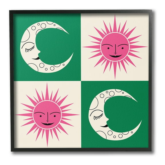 Stupell Industries Checkered Moon & Sun Landscape Painting Black Framed Art Print Wall Art, 12 x 12
