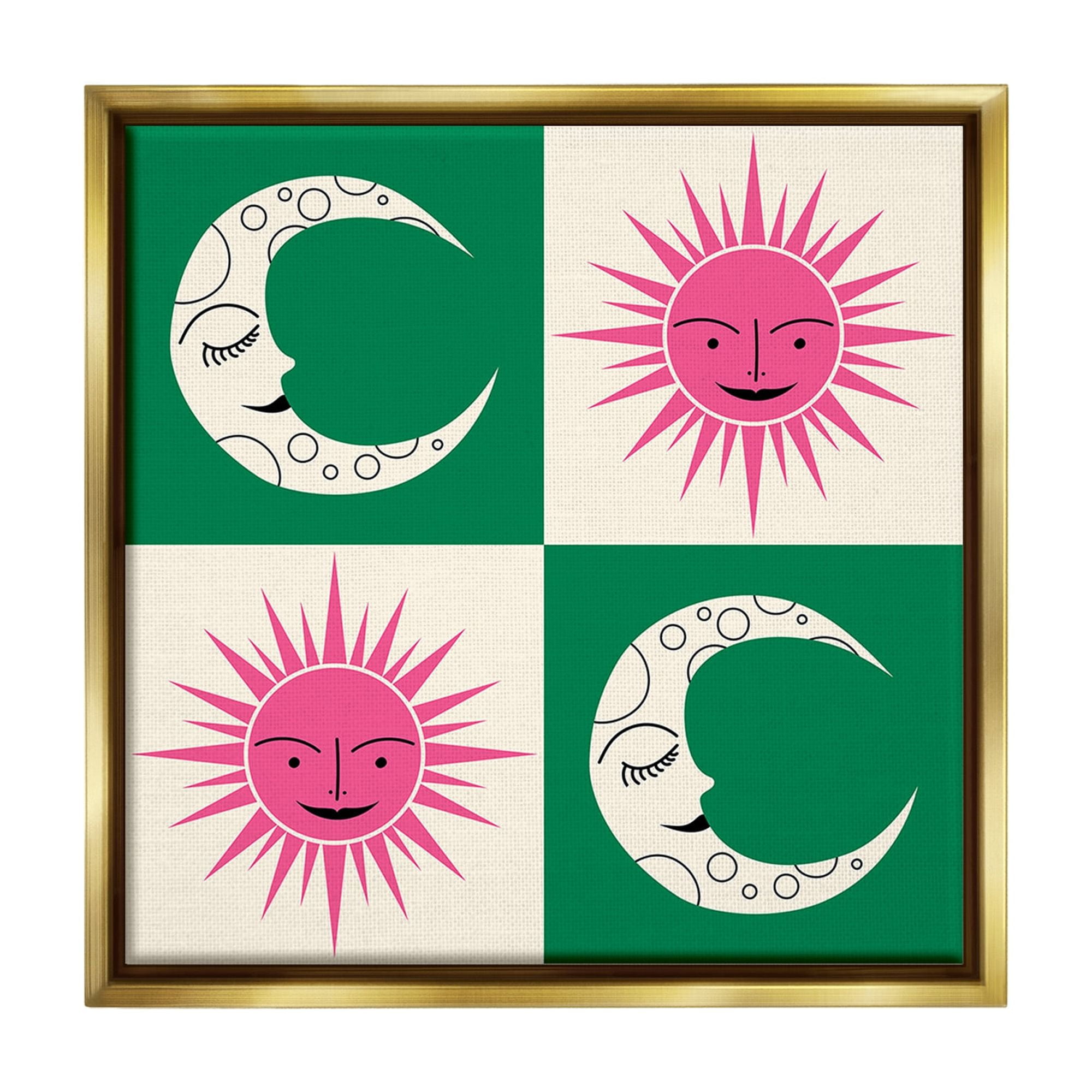 Stupell Industries Checkered Moon & Sun Landscape Painting Gold Floater Framed Canvas Art Print Wall Art, 18 x 18