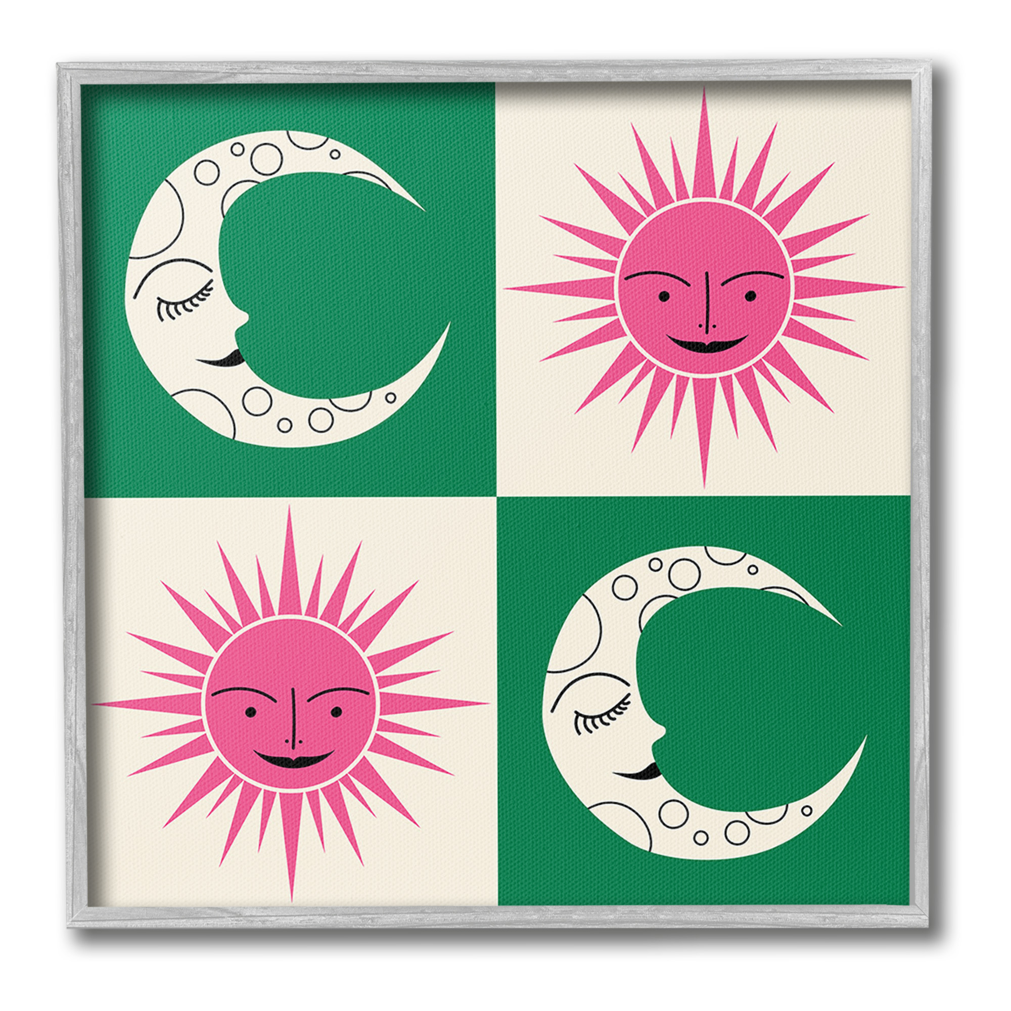 Stupell Industries Checkered Moon & Sun Landscape Painting Gray Framed Art Print Wall Art, 24 x 24