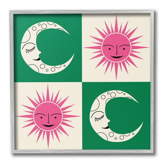 Stupell Industries Checkered Moon & Sun Landscape Painting Gray Framed Art Print Wall Art, 24 x 24