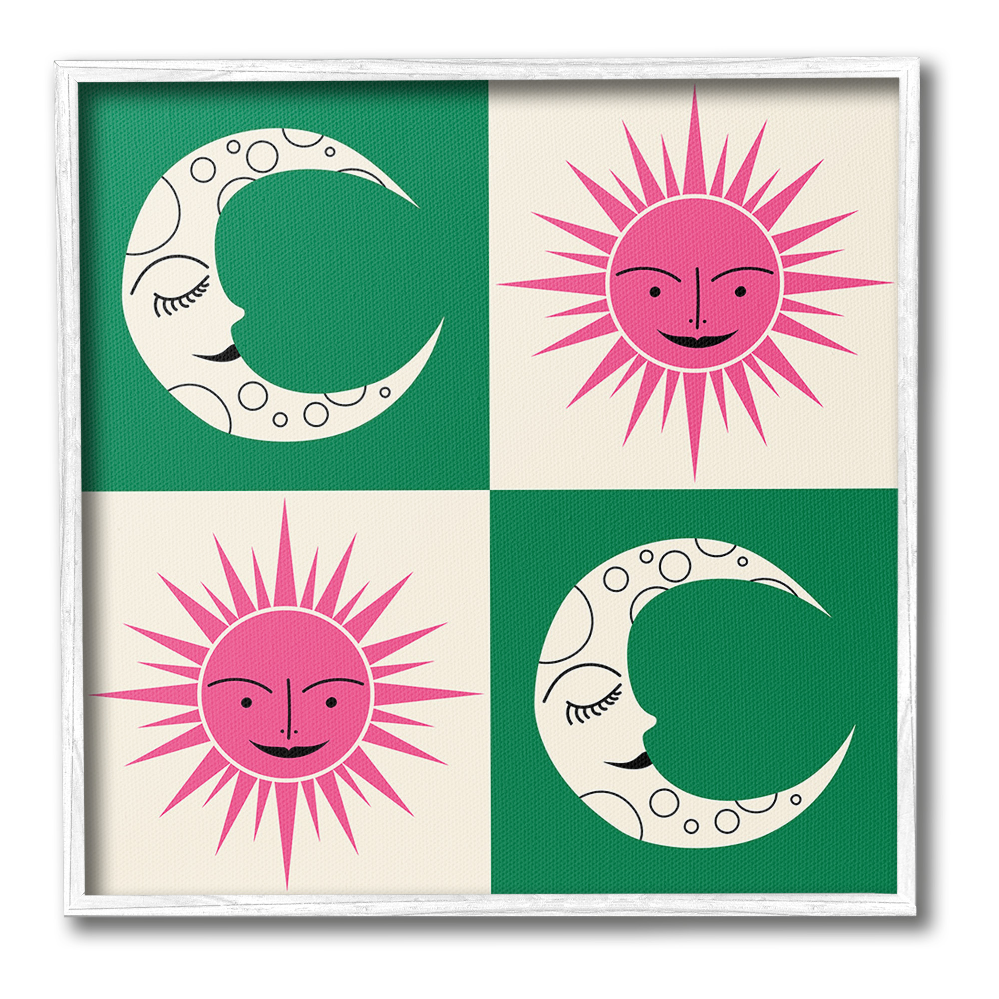 Stupell Industries Checkered Moon & Sun Landscape Painting White Framed Art Print Wall Art, 17 x 17