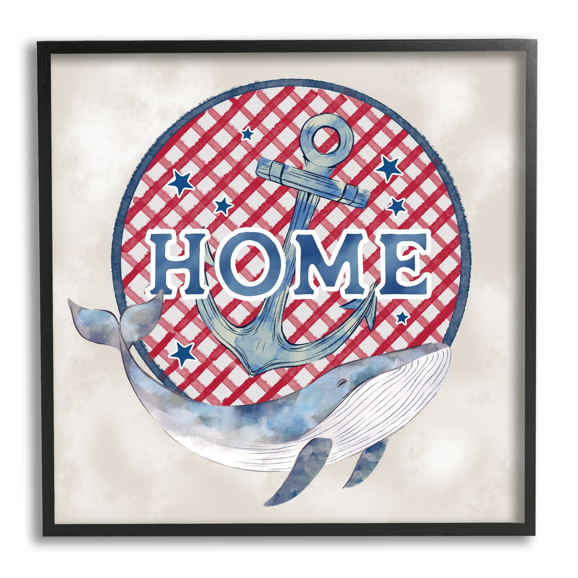 Stupell Industries Checkered Pattern Home Sign Anchor Whale Watercolor Graphic Art Black Framed Art Print Wall Art, Design by Ziwei Li