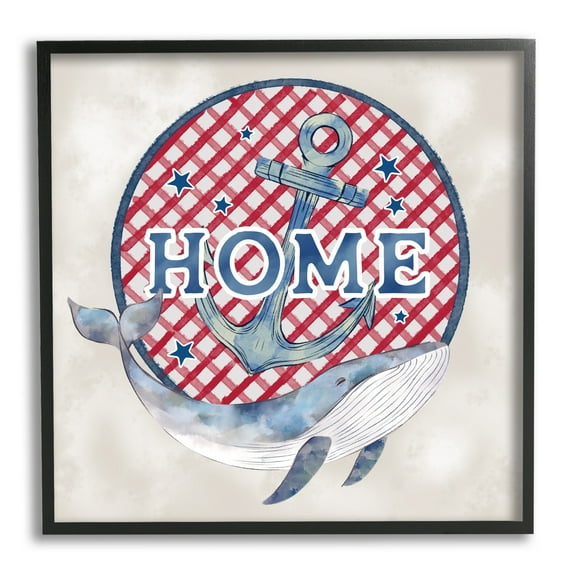 Stupell Industries Checkered Pattern Home Sign Anchor Whale Watercolor Graphic Art Black Framed Art Print Wall Art, Design by Ziwei Li