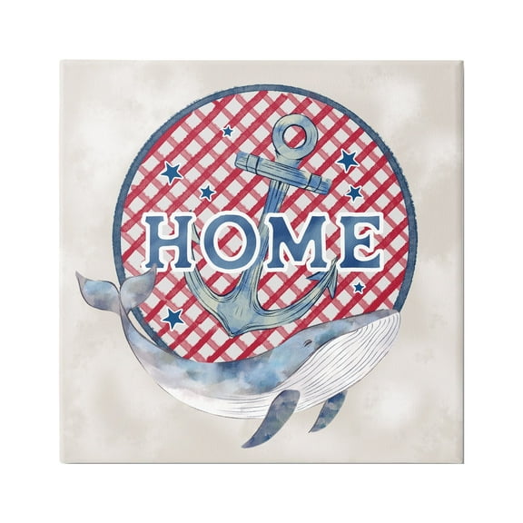 Stupell Industries Checkered Pattern Home Sign Anchor Whale Watercolor Graphic Art Gallery Wrapped Canvas Print Wall Art, Design by Ziwei Li