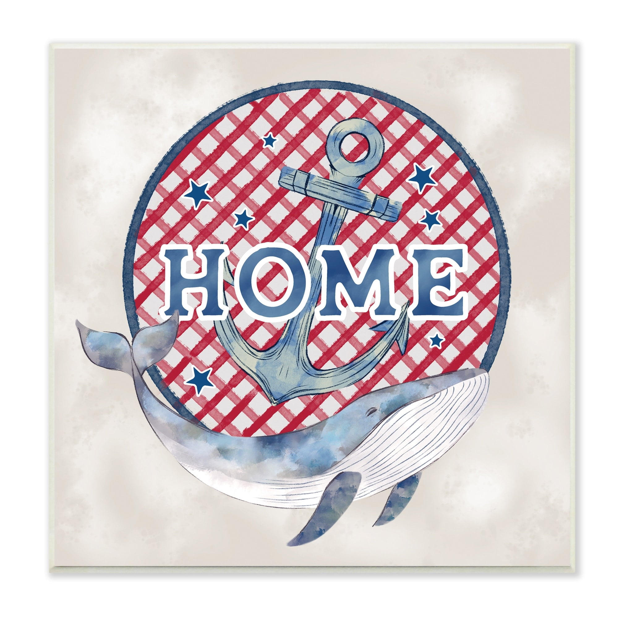 Stupell Industries Checkered Pattern Home Sign Anchor Whale Watercolor Graphic Art Unframed Art Print Wall Art, Design by Ziwei Li