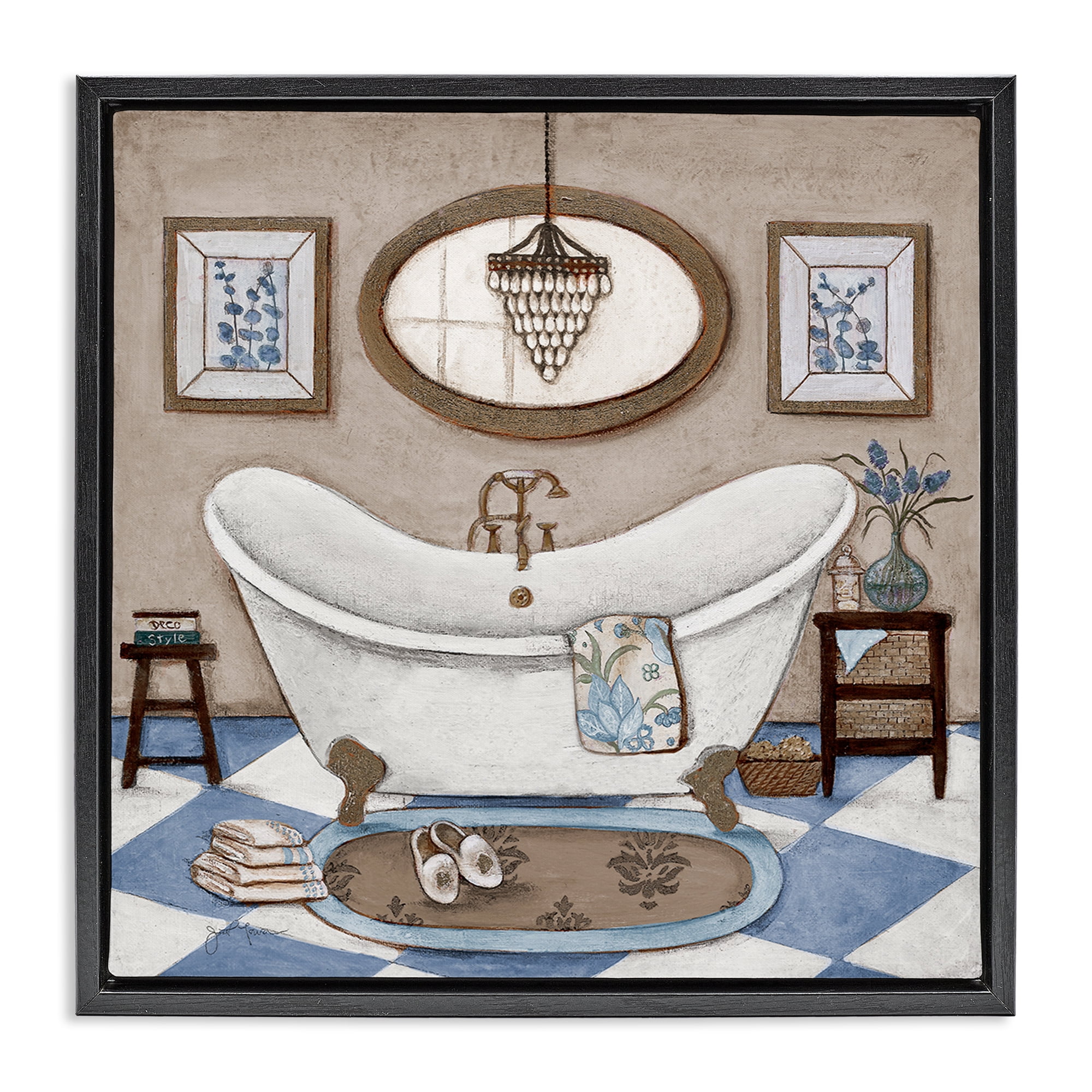 Stupell Industries Checkered Relaxing Bathtub Black Framed Floater Canvas Wall Art, design by Janet Tava
