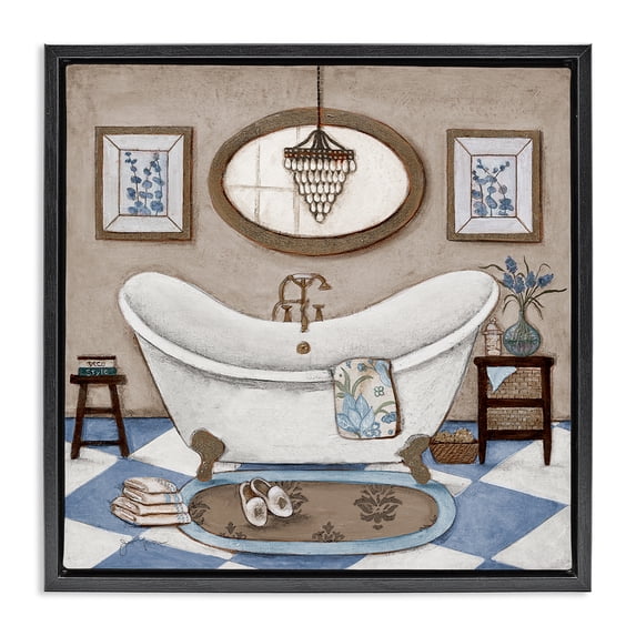 Stupell Industries Traditional Checkered Relaxing Bathtub Black Floating Frame Canvas Art, 18 x 18, by Janet Tava
