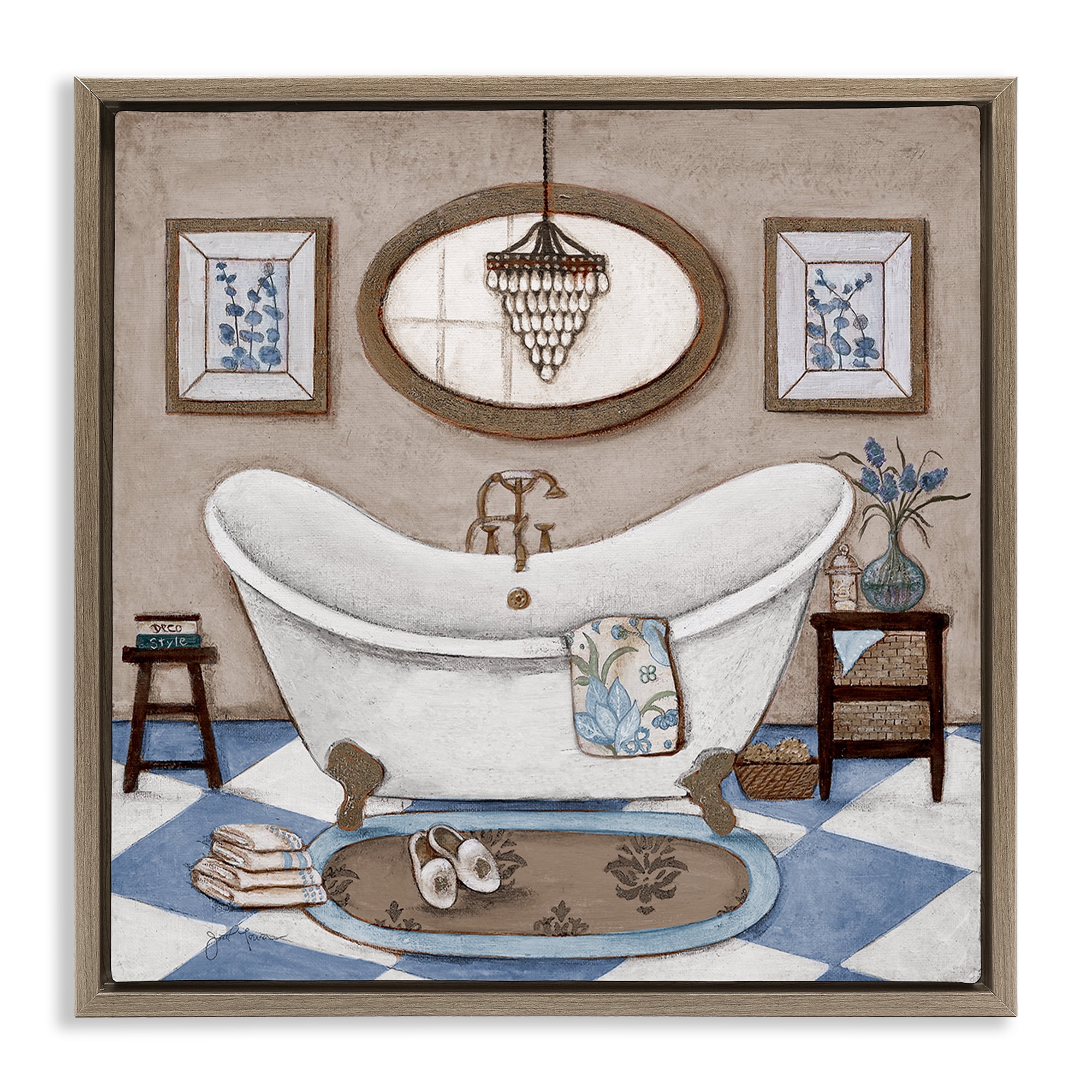 Stupell Industries Checkered Relaxing Bathtub Brown Framed Floater Canvas Wall Art, design by Janet Tava