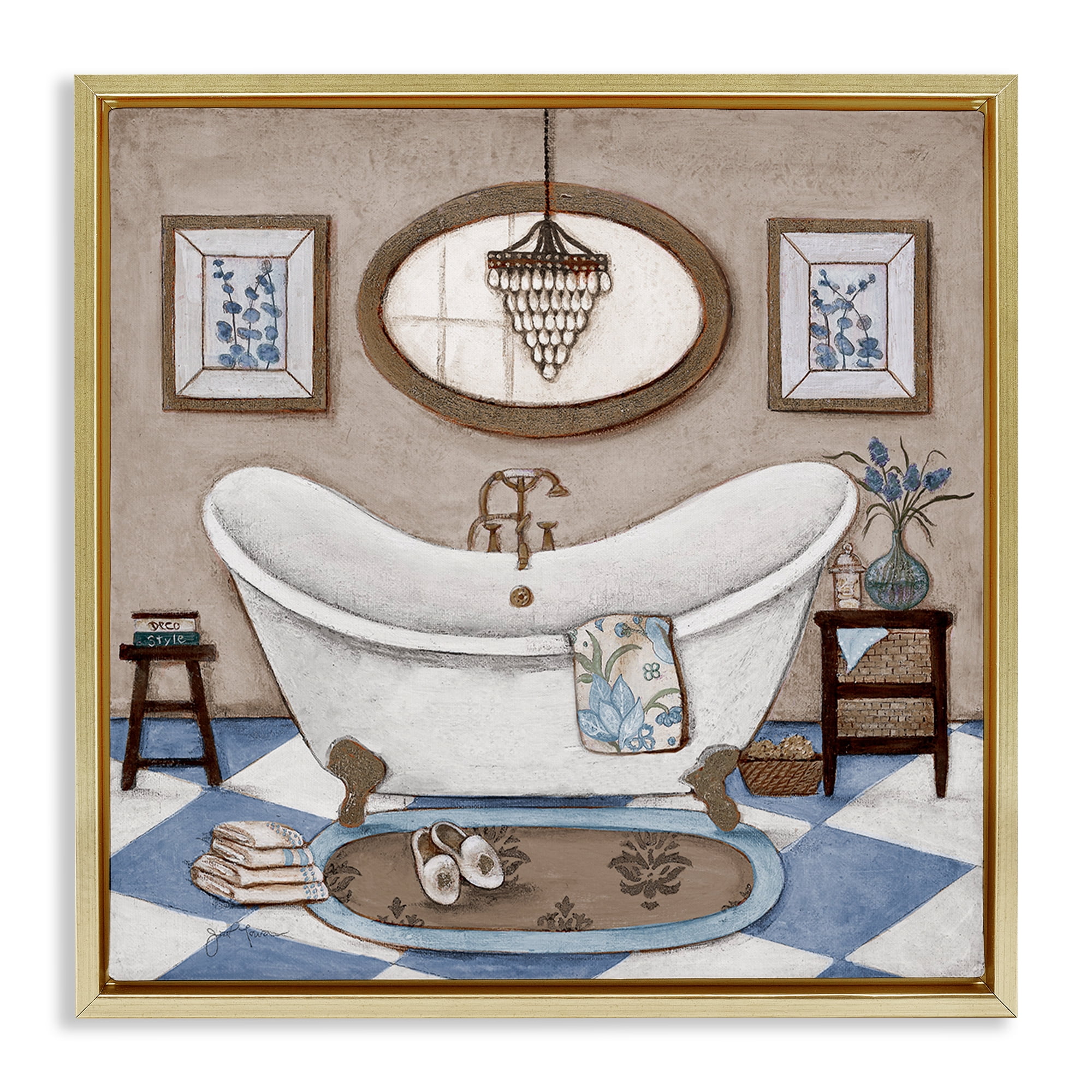Stupell Industries Checkered Relaxing Bathtub Gold Framed Floater Canvas Wall Art, design by Janet Tava