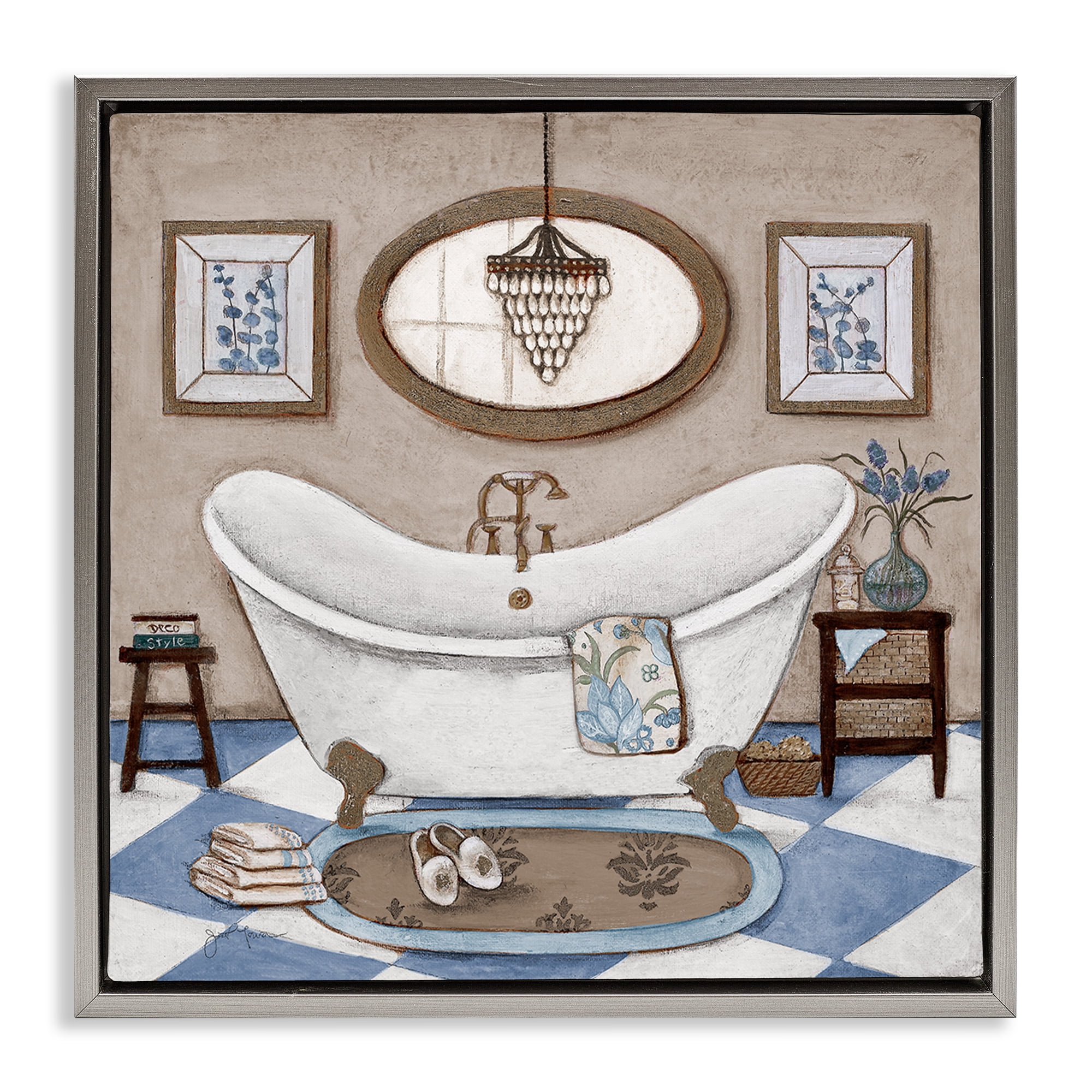 Stupell Industries Checkered Relaxing Bathtub Gray Framed Floater Canvas Wall Art, design by Janet Tava