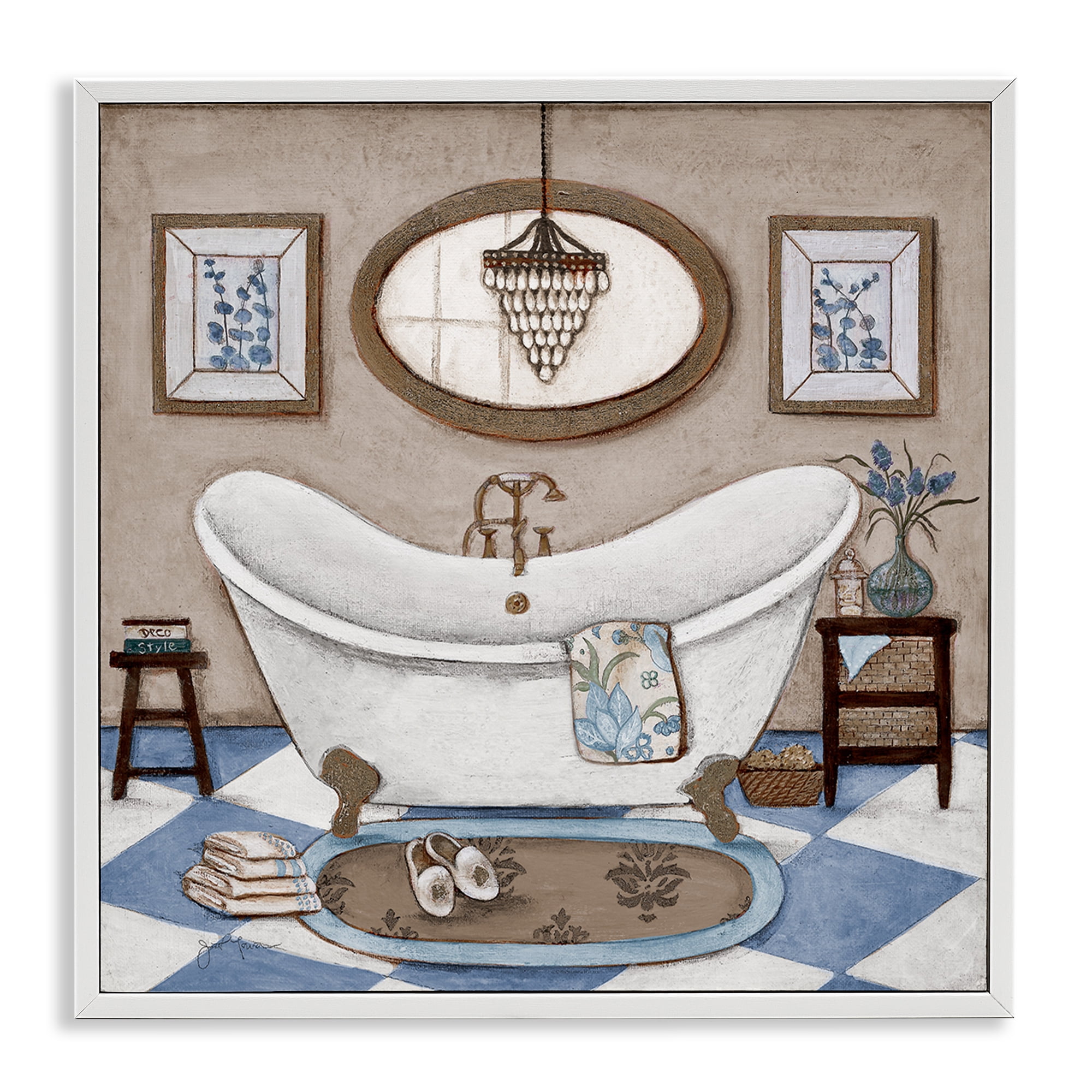 Stupell Industries Checkered Relaxing Bathtub White Framed Giclee Art, design by Janet Tava