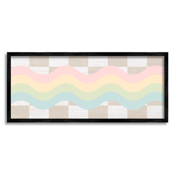 Stupell Industries Checkered Wavy Rainbow Pattern Abstract Painting Black Framed Art Print Wall Art, 24 x 10
