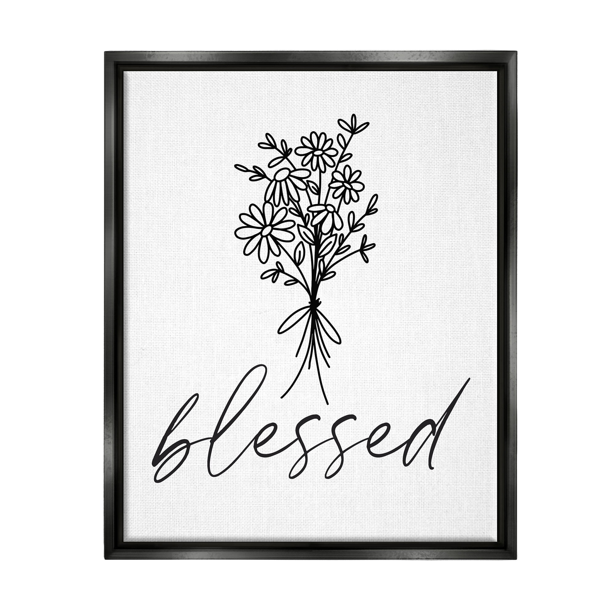 Stupell Industries Cheerful Daisy Flowers Botanical Arrangement Blessed Script Graphic Art Jet Black Floating Framed Canvas Print Wall Art, Design by Lettered and Lined