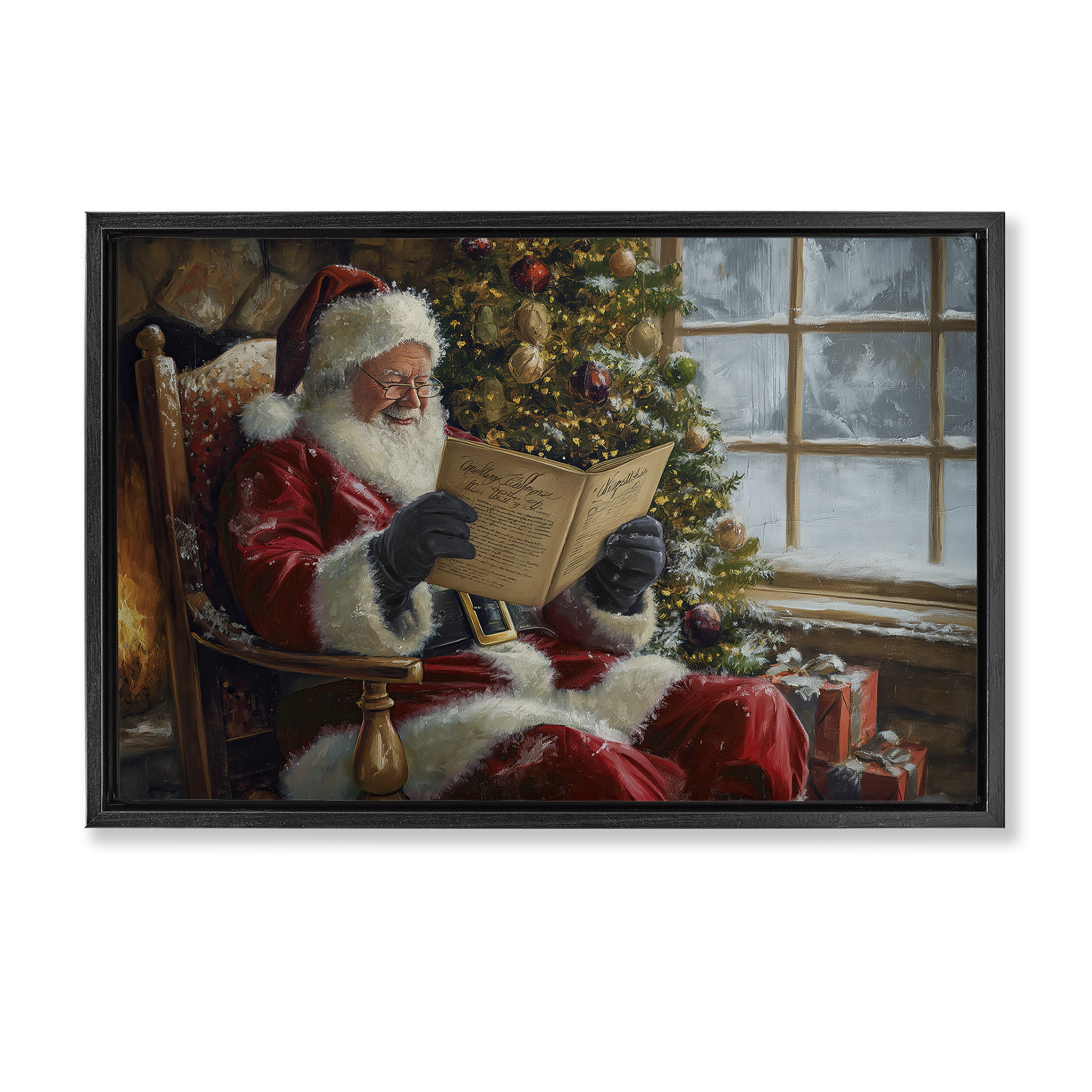 Stupell Industries Cheerful Santa Reading Holiday Painting Black Floater Framed Canvas Art Prints Wall Art, 31 x 21