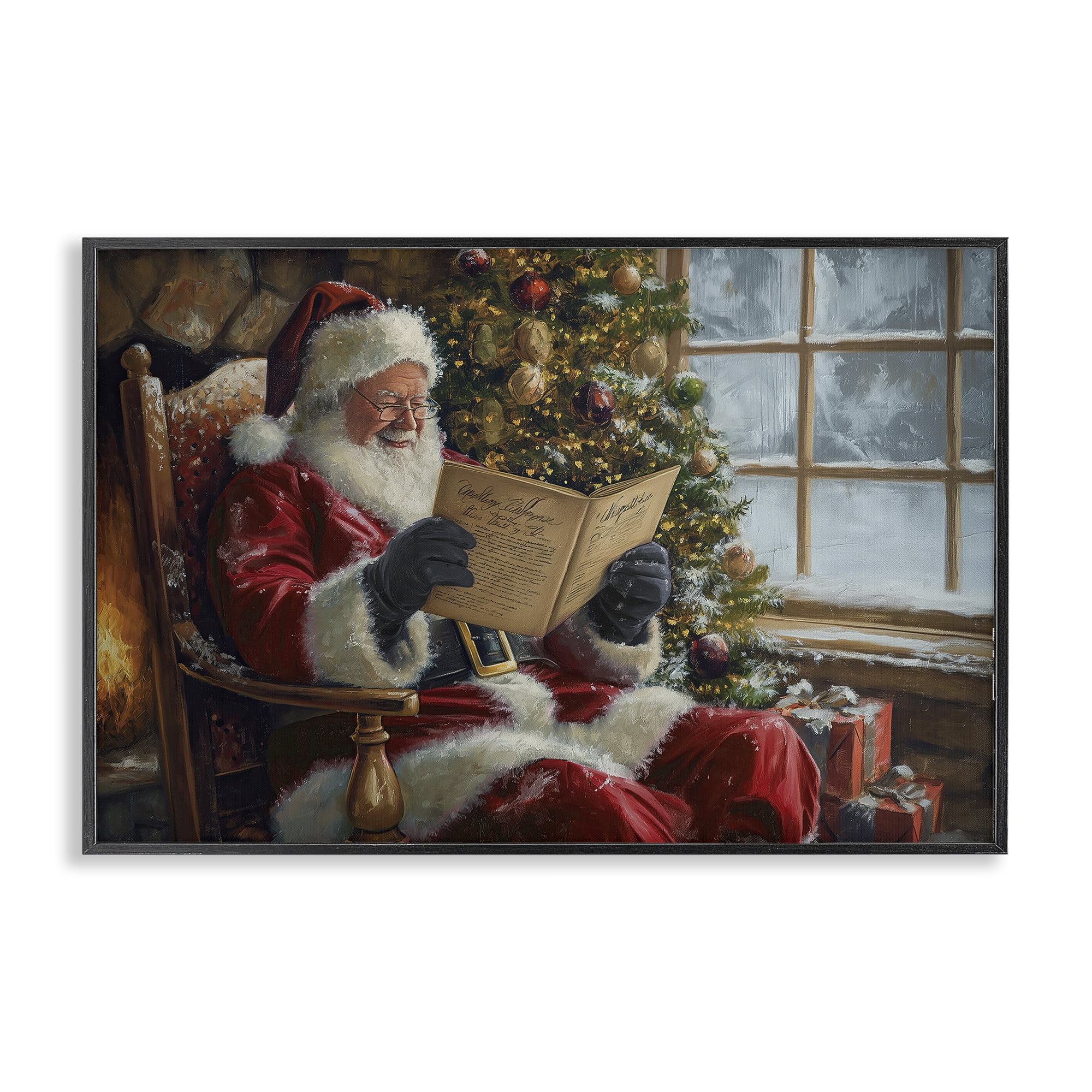 Stupell Industries Cheerful Santa Reading Holiday Painting Black Framed Art Prints Wall Art, 30 x 20