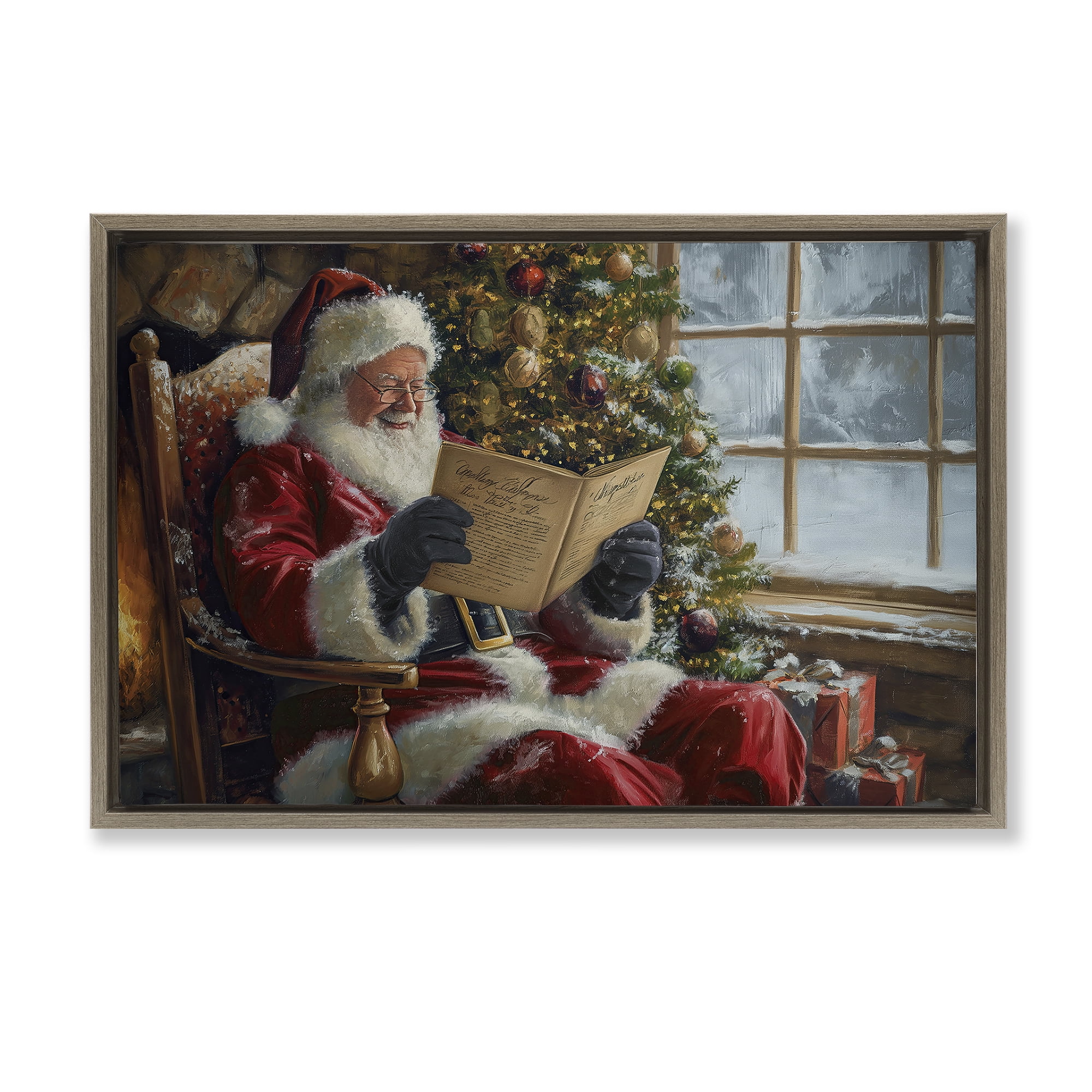 Stupell Industries Cheerful Santa Reading Holiday Painting Brown Floater Framed Canvas Art Prints Wall Art, 25 x 17