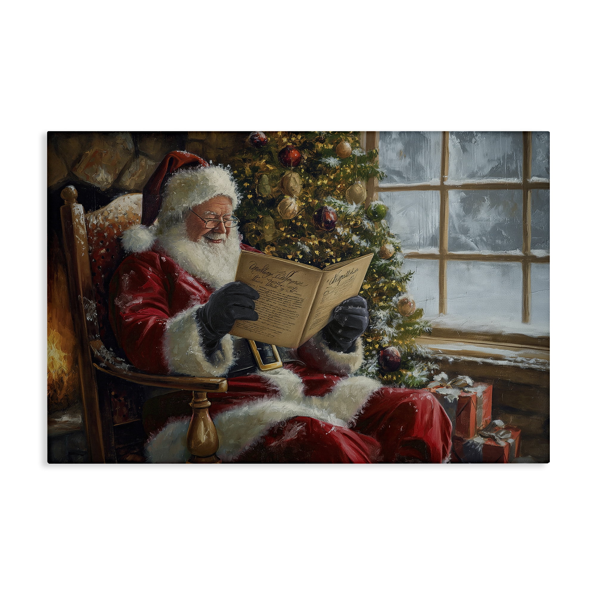 Stupell Industries Cheerful Santa Reading Holiday Painting Gallery Wrapped Canvas Art Prints Wall Art, 36 x 24