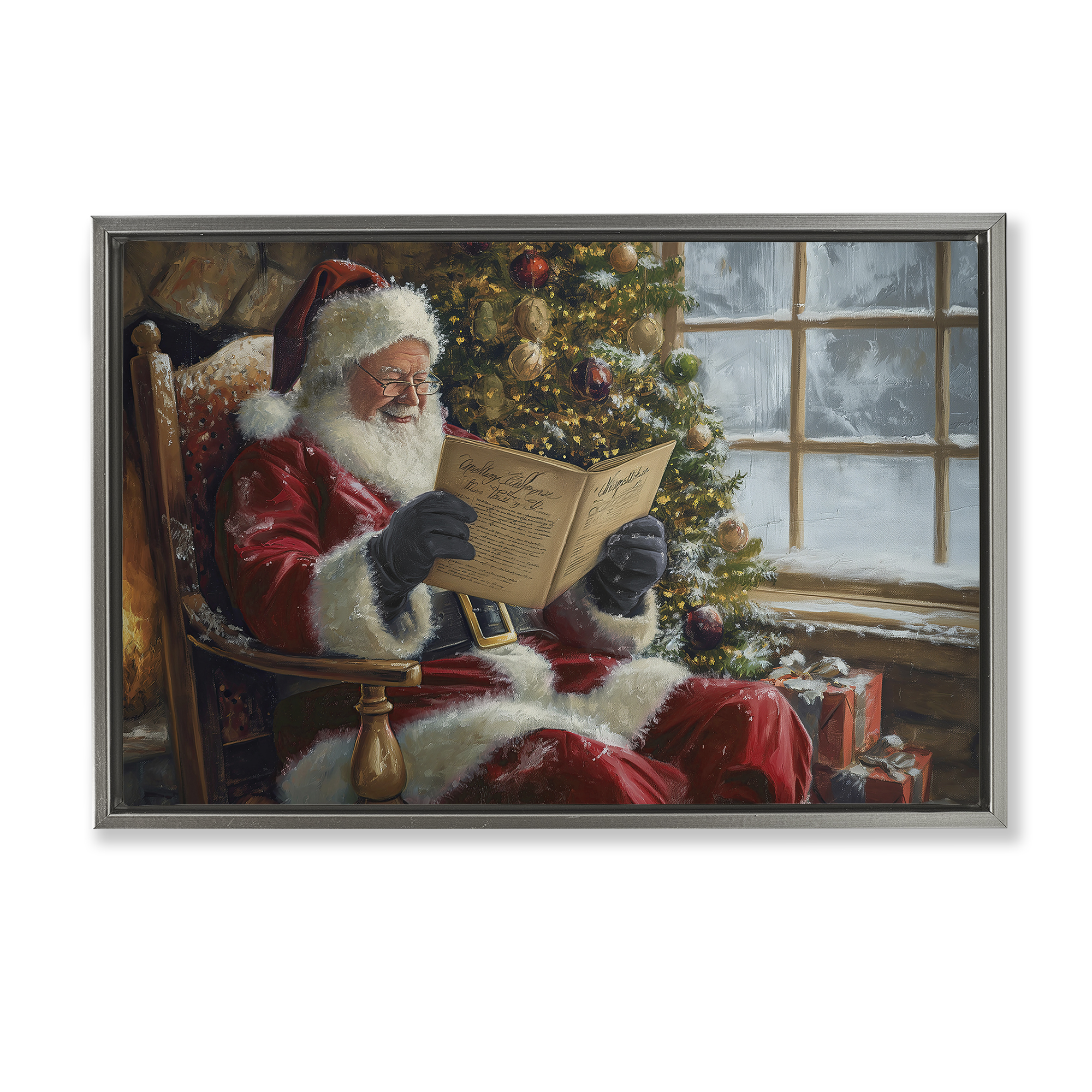 Stupell Industries Cheerful Santa Reading Holiday Painting Gray Floater Framed Canvas Art Prints Wall Art, 25 x 17