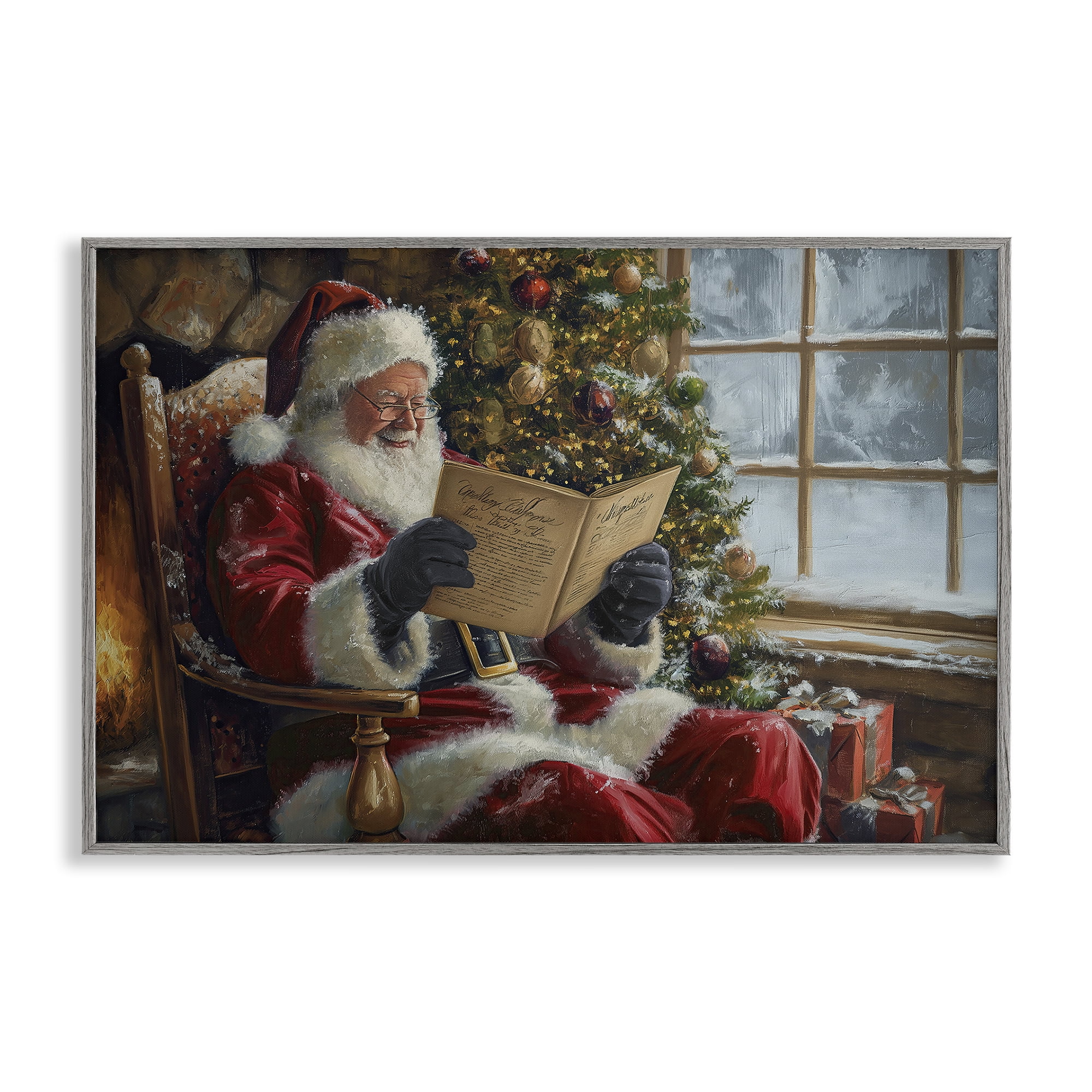 Stupell Industries Cheerful Santa Reading Holiday Painting Gray Framed Art Prints Wall Art, 18 x 12