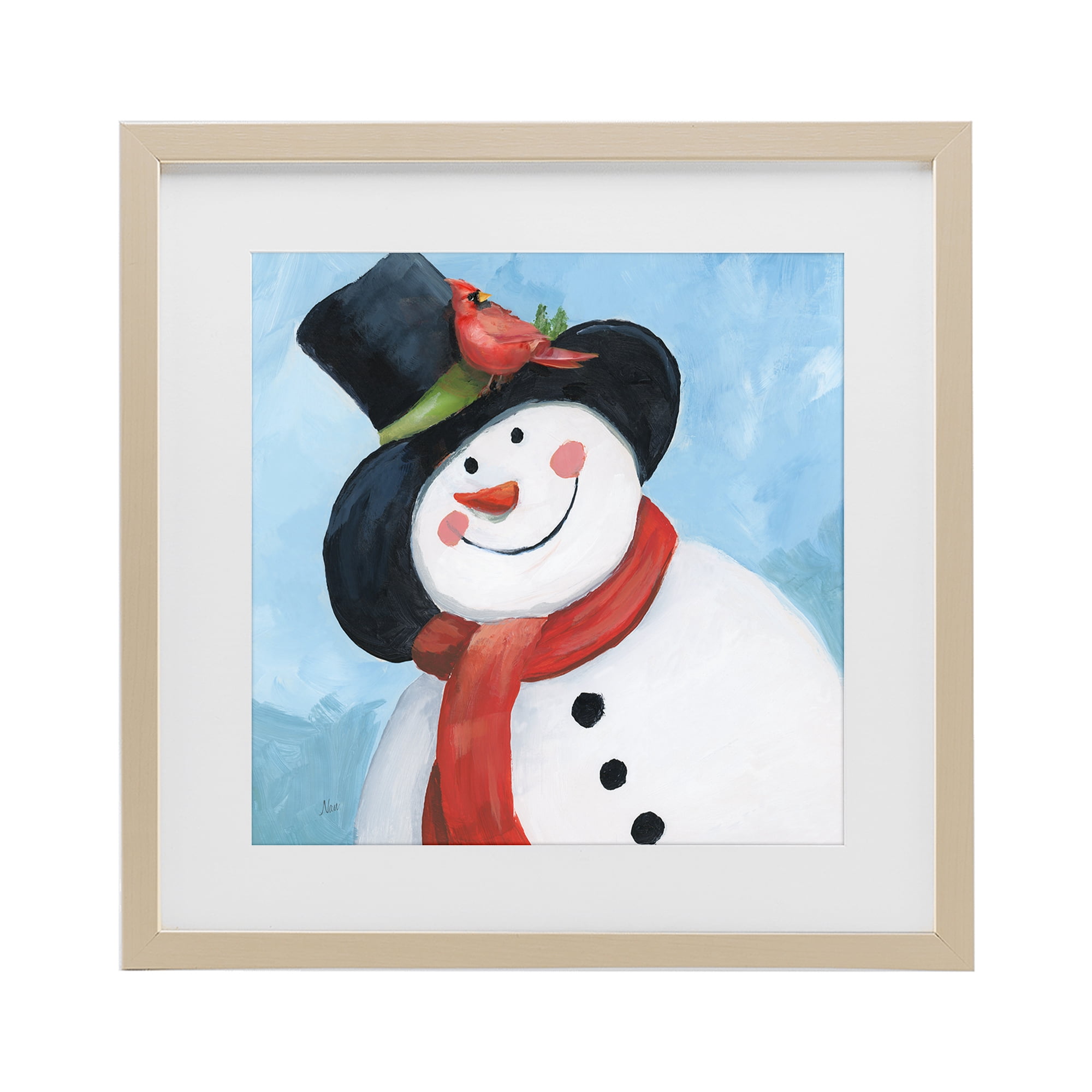 Stupell Industries Cheerful Snowman with Cardinal Birch Framed Print Under Glass, design by Nan