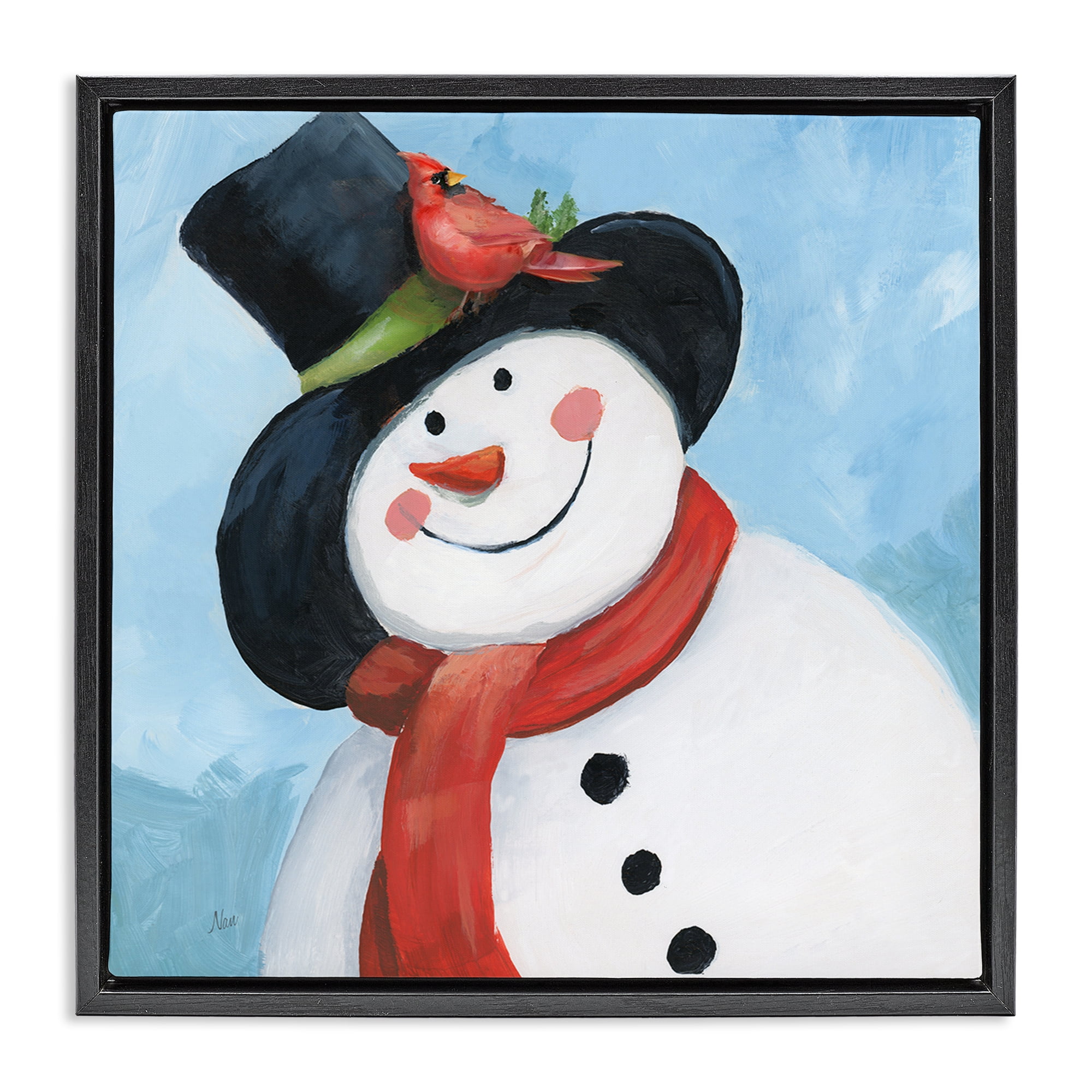 Stupell Industries Cheerful Snowman with Cardinal Black Framed Floater Canvas Wall Art, design by Nan