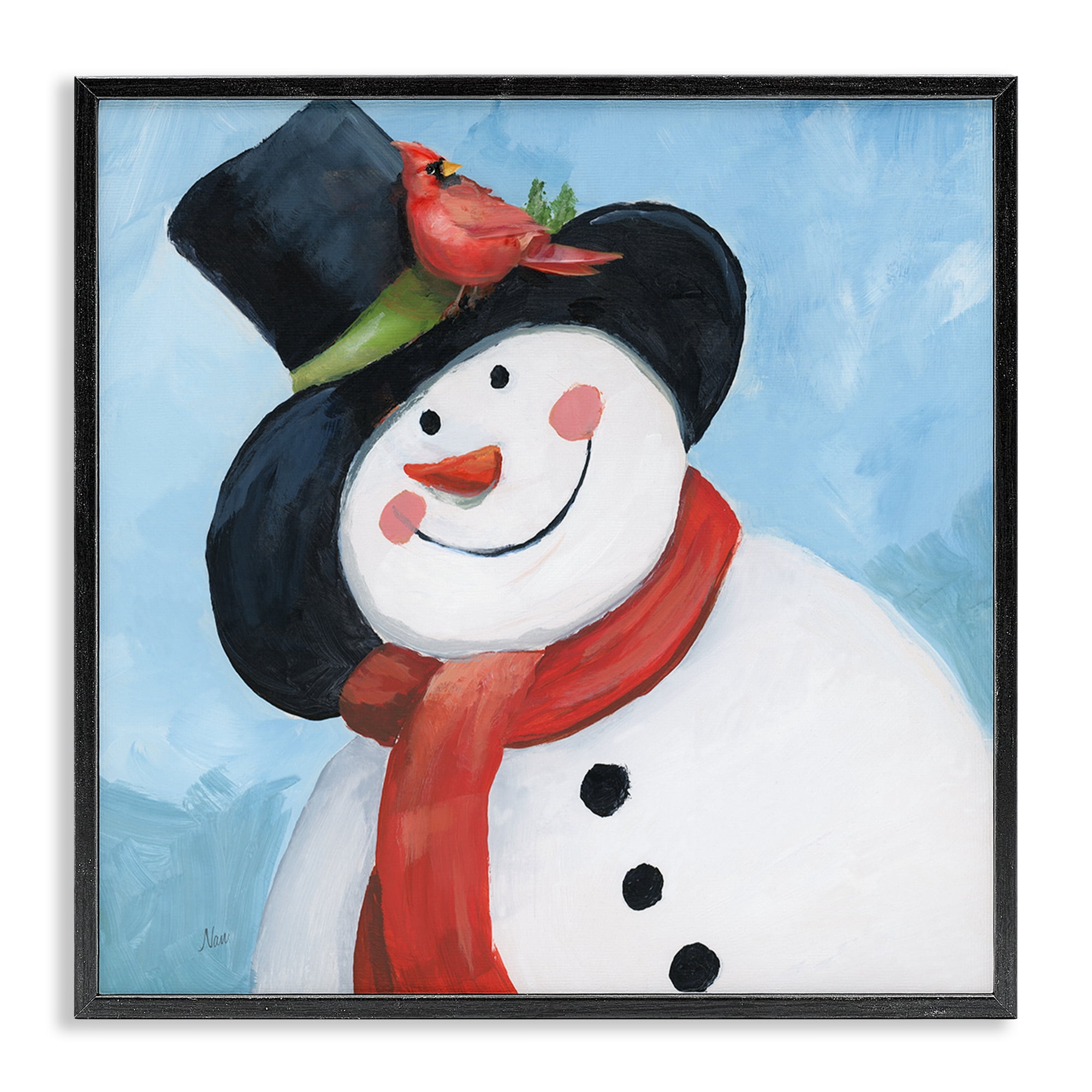 Stupell Industries Cheerful Snowman with Cardinal Black Framed Giclee Art, design by Nan