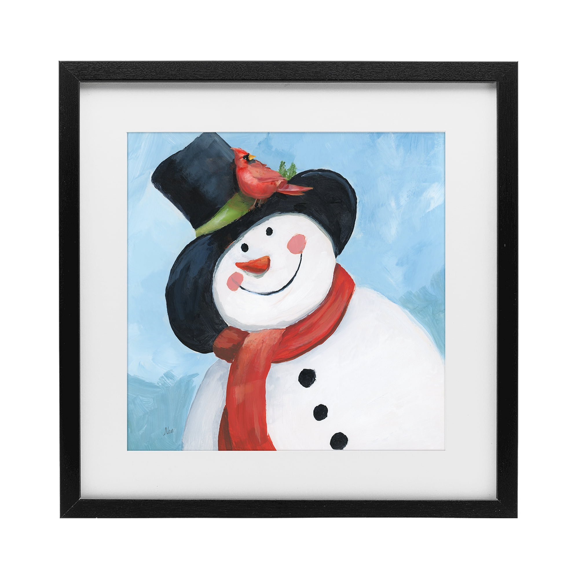 Stupell Industries Cheerful Snowman with Cardinal Black Framed Print Under Glass, design by Nan