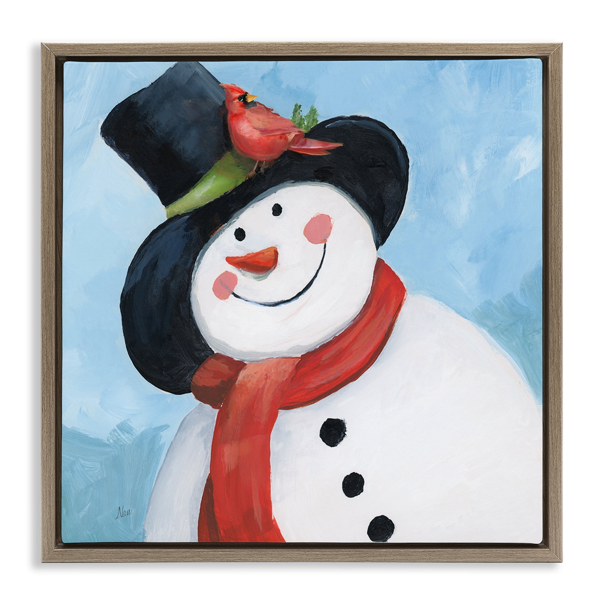 Stupell Industries Cheerful Snowman with Cardinal Brown Framed Floater Canvas Wall Art, design by Nan