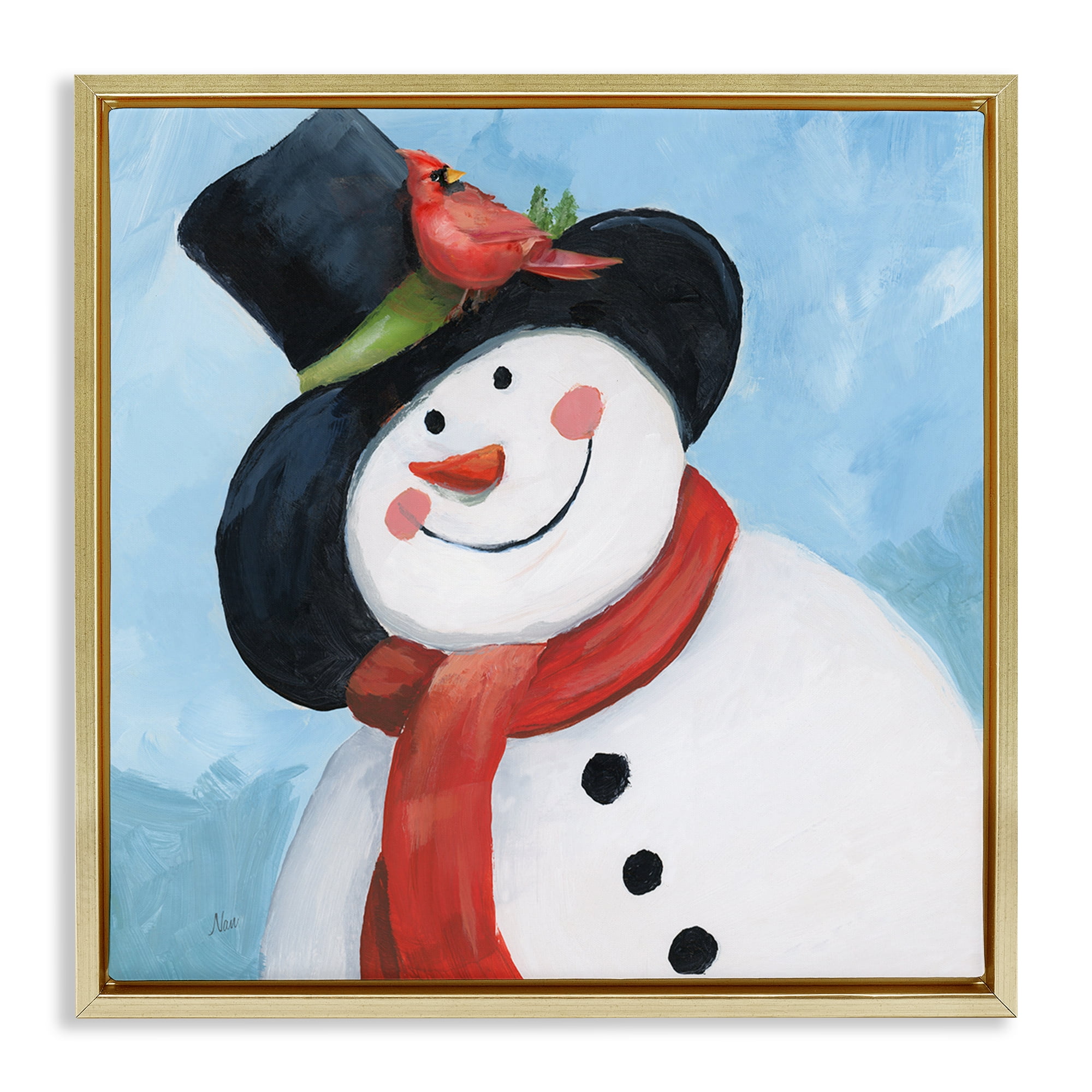 Stupell Industries Cheerful Snowman with Cardinal Gold Framed Floater Canvas Wall Art, design by Nan