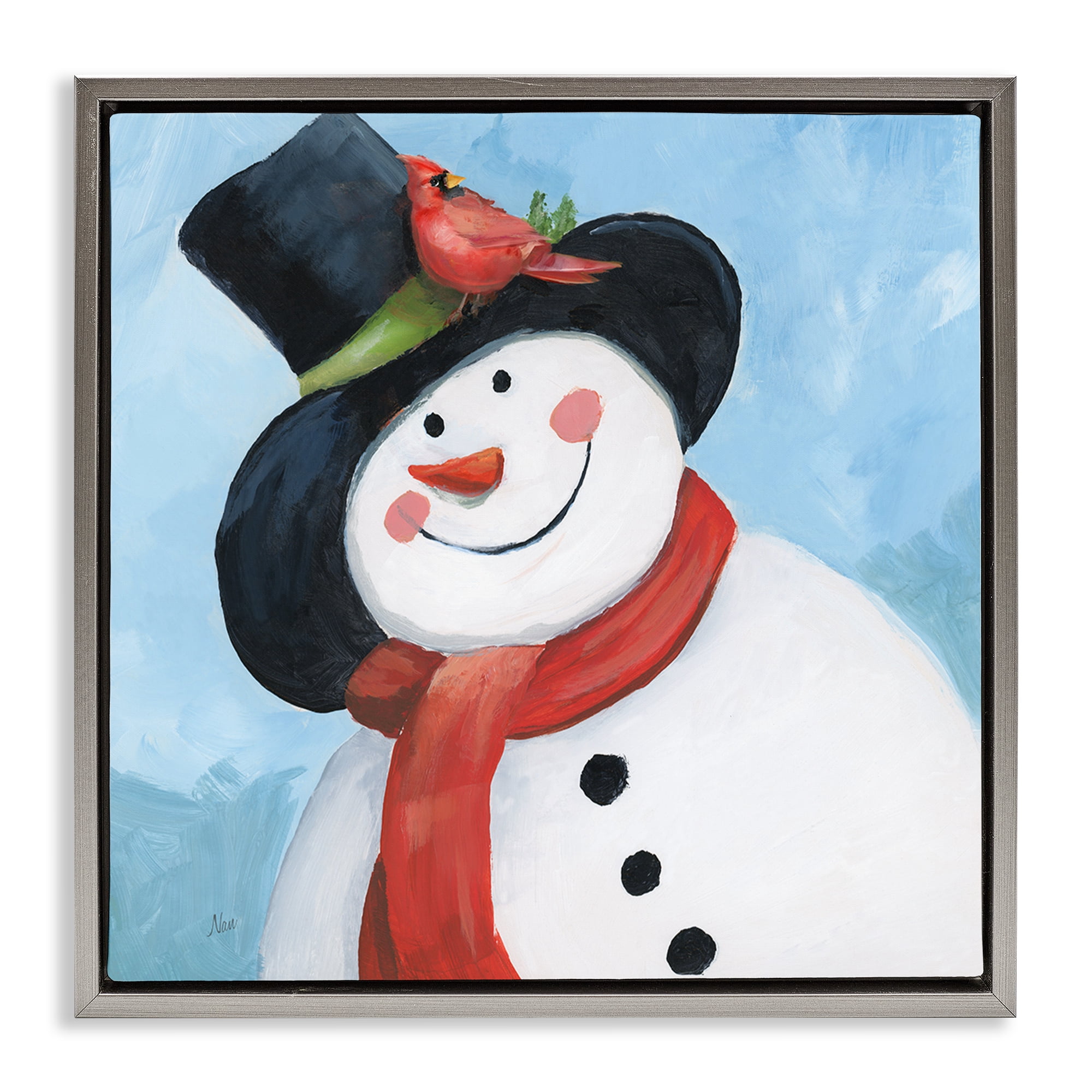 Stupell Industries Cheerful Snowman with Cardinal Gray Framed Floater Canvas Wall Art, design by Nan