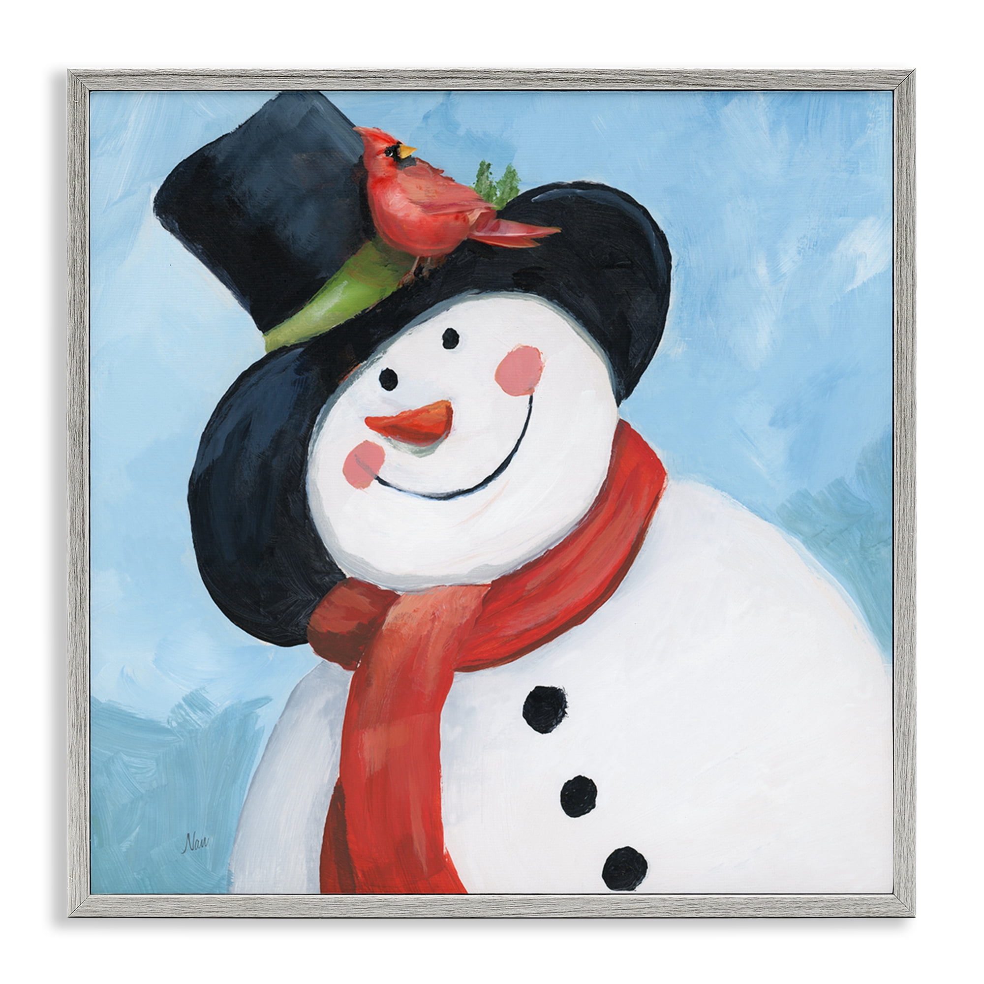 Stupell Industries Cheerful Snowman with Cardinal Gray Framed Giclee Art, design by Nan