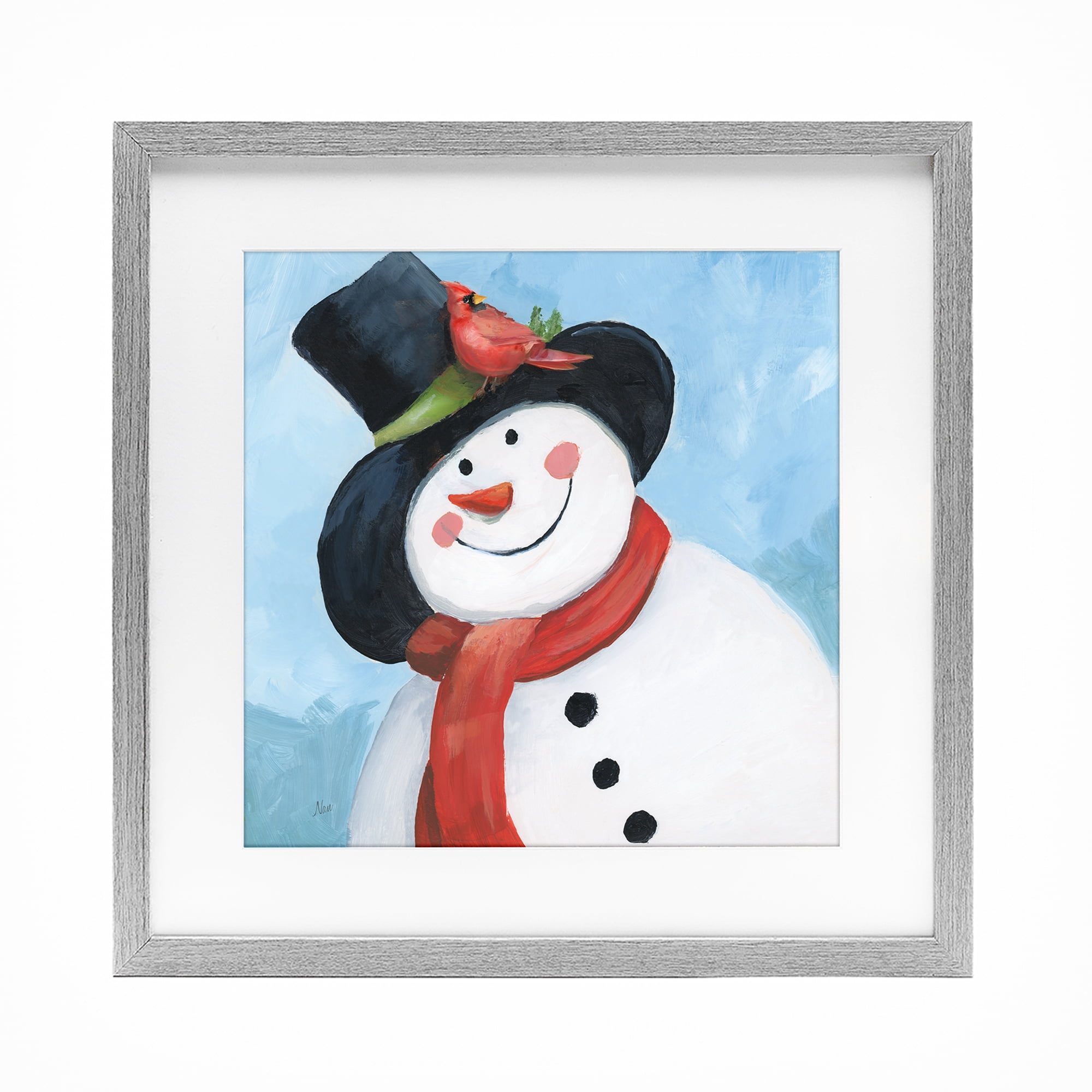 Stupell Industries Cheerful Snowman with Cardinal Gray Framed Print Under Glass, design by Nan