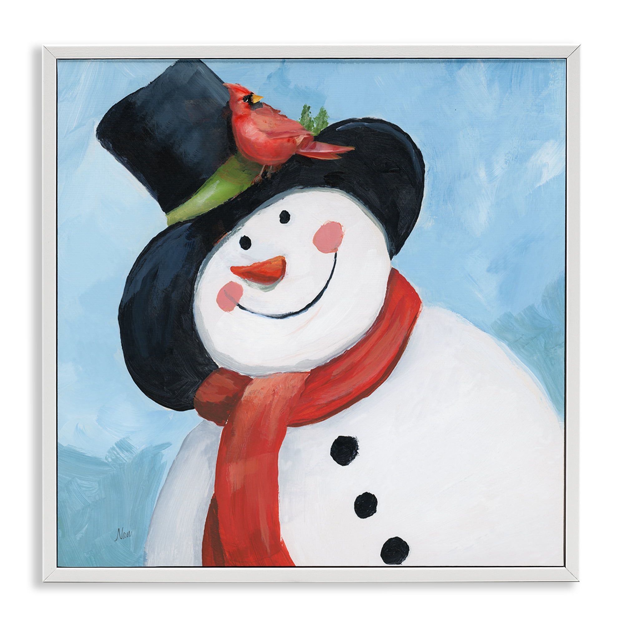Stupell Industries Cheerful Snowman with Cardinal White Framed Giclee Art, design by Nan