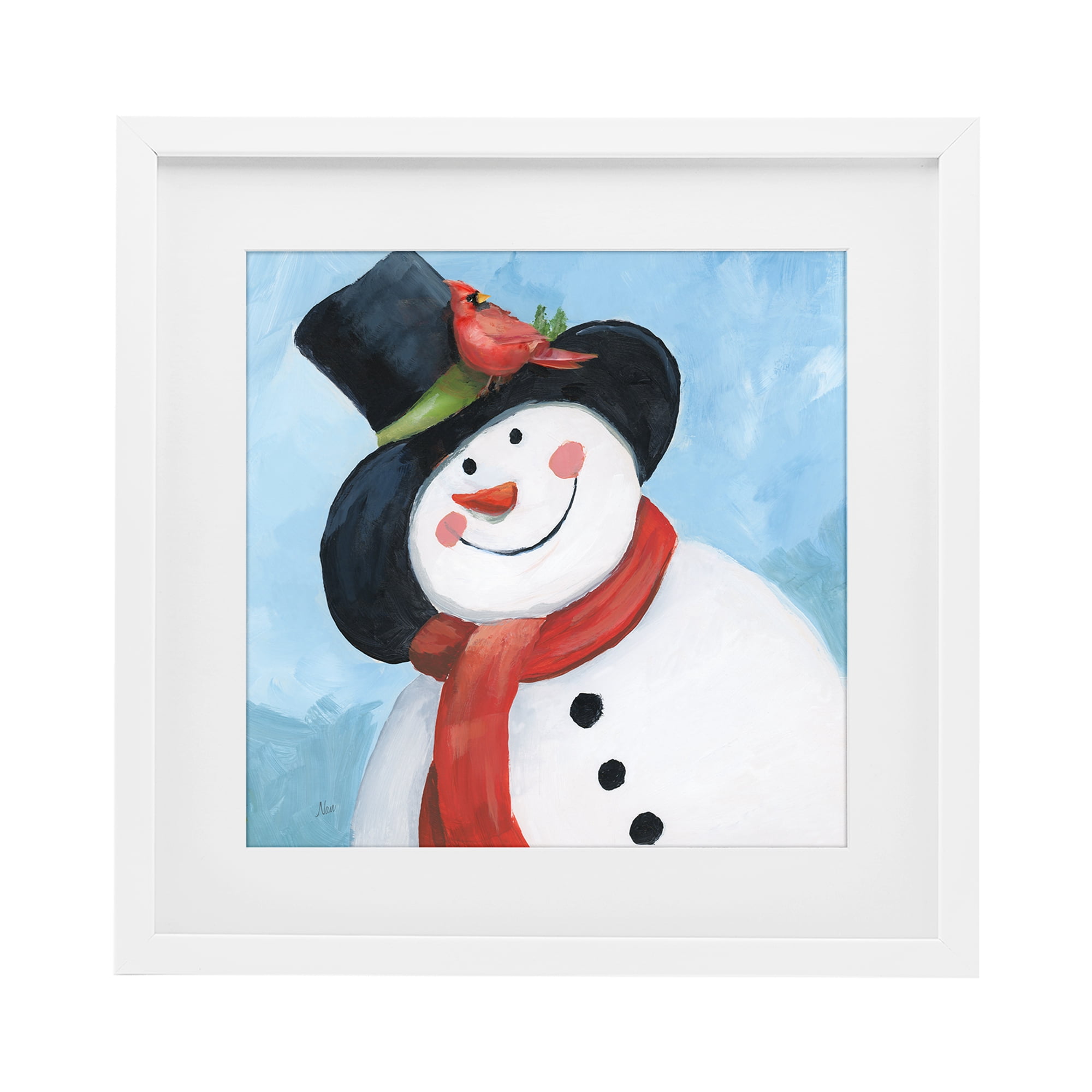 Stupell Industries Cheerful Snowman with Cardinal White Framed Print Under Glass, design by Nan