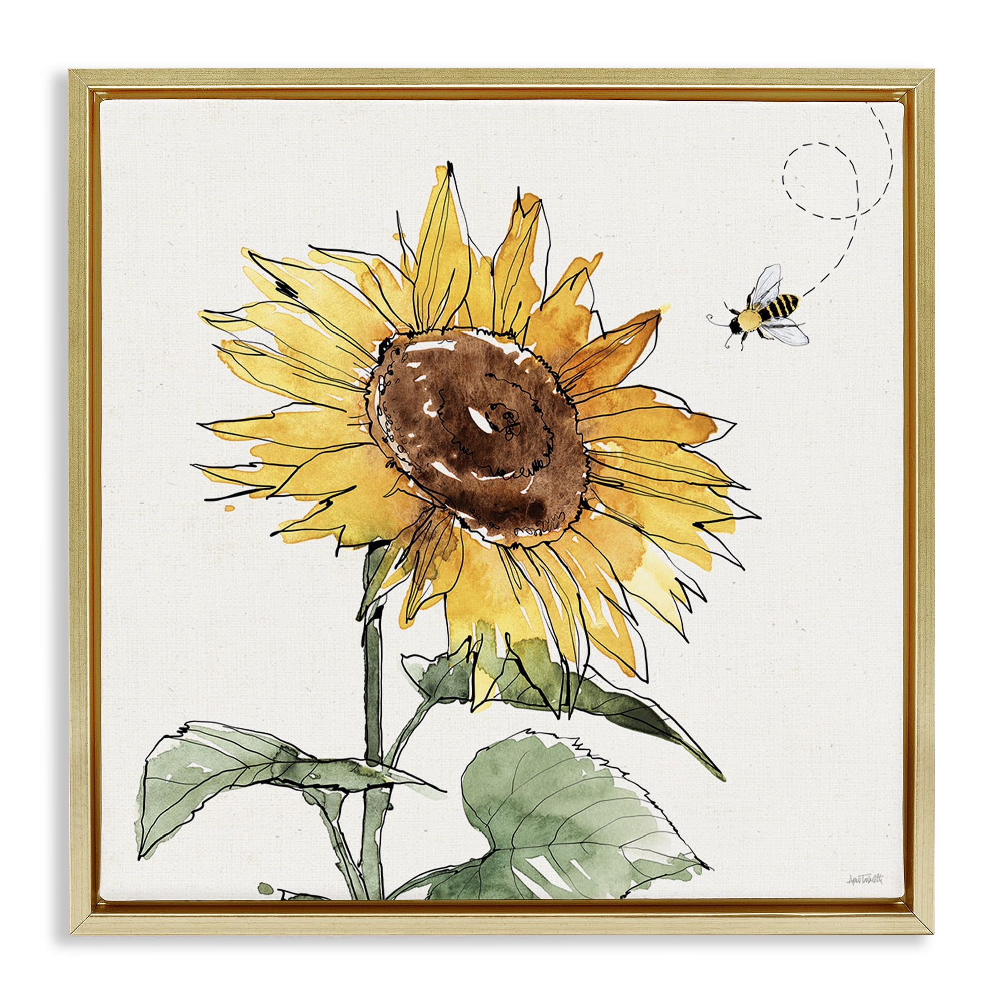 Stupell Industries Cheerful Sunflower Buzzing Bee Botanical & Floral Painting Gold Floater Framed Canvas Art Print Wall Art, 25 x 25