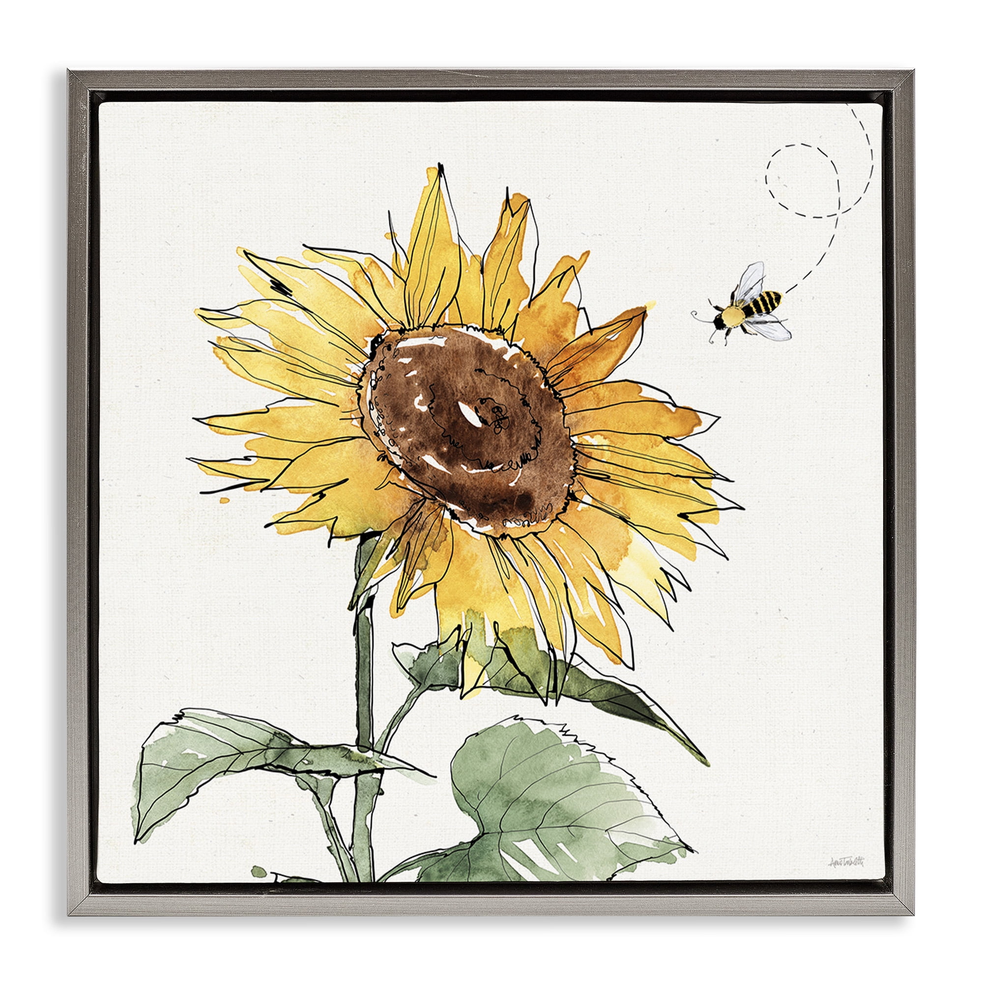Stupell Industries Cheerful Sunflower Buzzing Bee Botanical & Floral Painting Gray Floater Framed Canvas Art Print Wall Art, 18 x 18