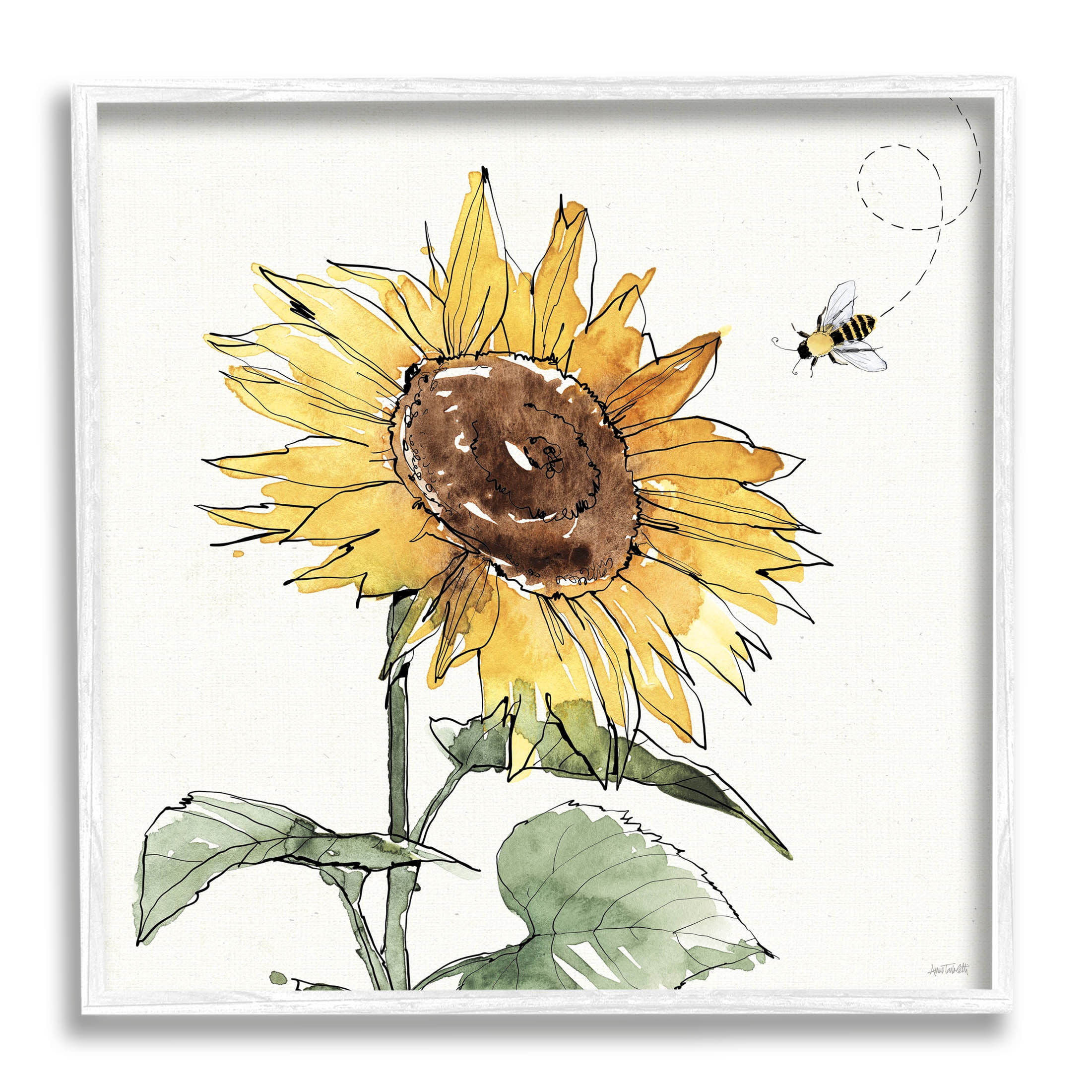Stupell Industries Cheerful Sunflower Buzzing Bee Graphic Art White Framed Art Print Wall Art, Design by Anne Tavoletti