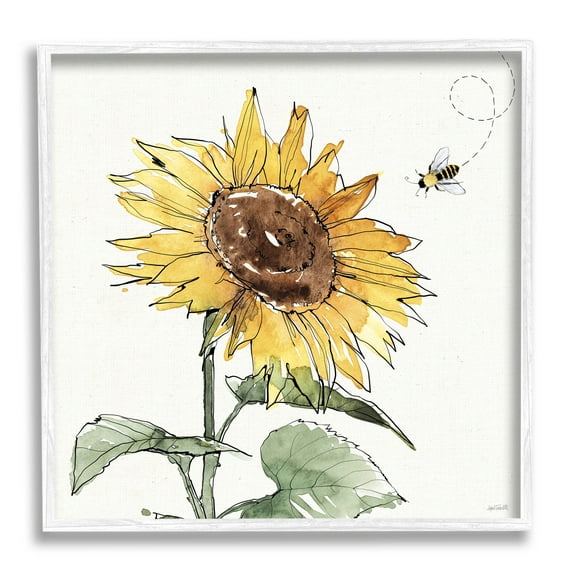 Stupell Industries Cheerful Sunflower Buzzing Bee Graphic Art White Framed Art Print Wall Art, Design by Anne Tavoletti
