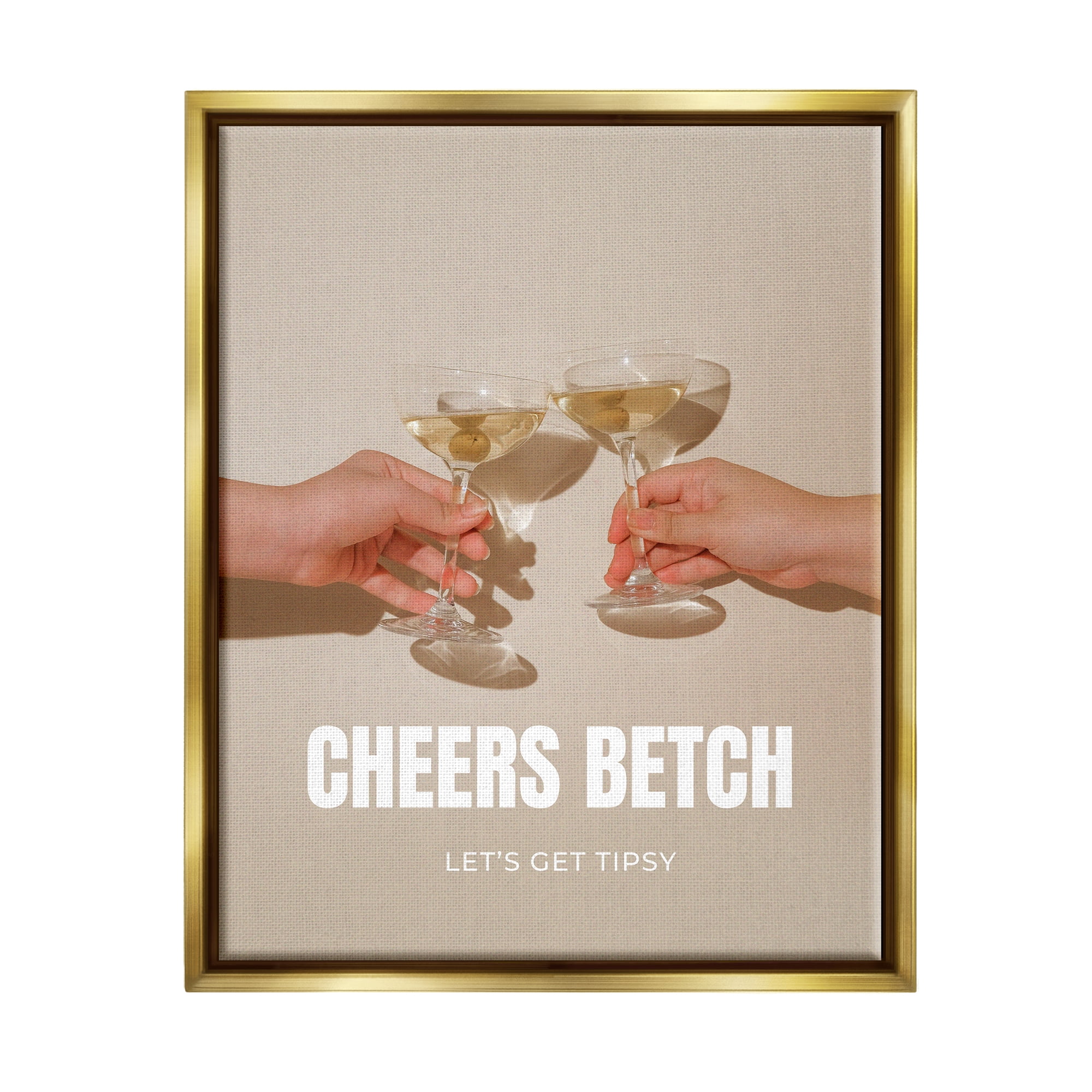 Stupell Industries Cheers Betch Wine Glasses Food & Beverage Painting Gold Floater Framed Canvas Art Print Wall Art, 25 x 31