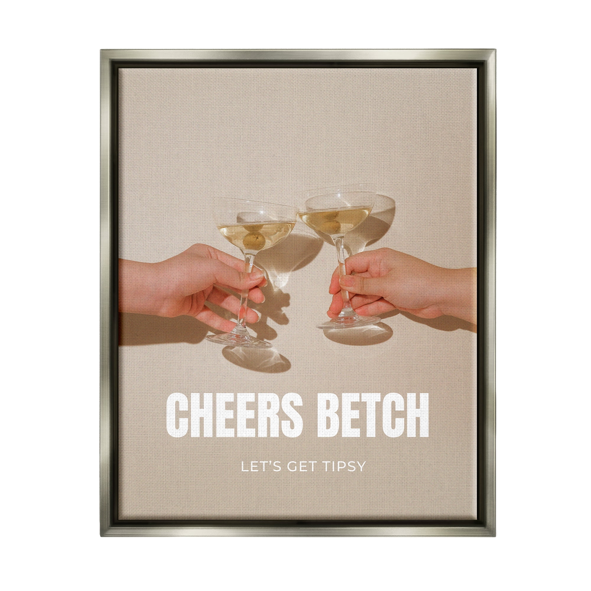 Stupell Industries Cheers Betch Wine Glasses Food & Beverage Painting Gray Floater Framed Canvas Art Print Wall Art, 17 x 21