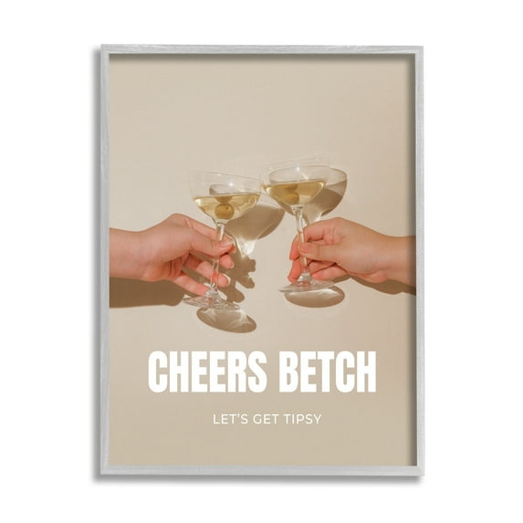 Stupell Industries Cheers Betch Wine Glasses Food & Beverage Painting Gray Framed Art Print Wall Art, 11 x 14