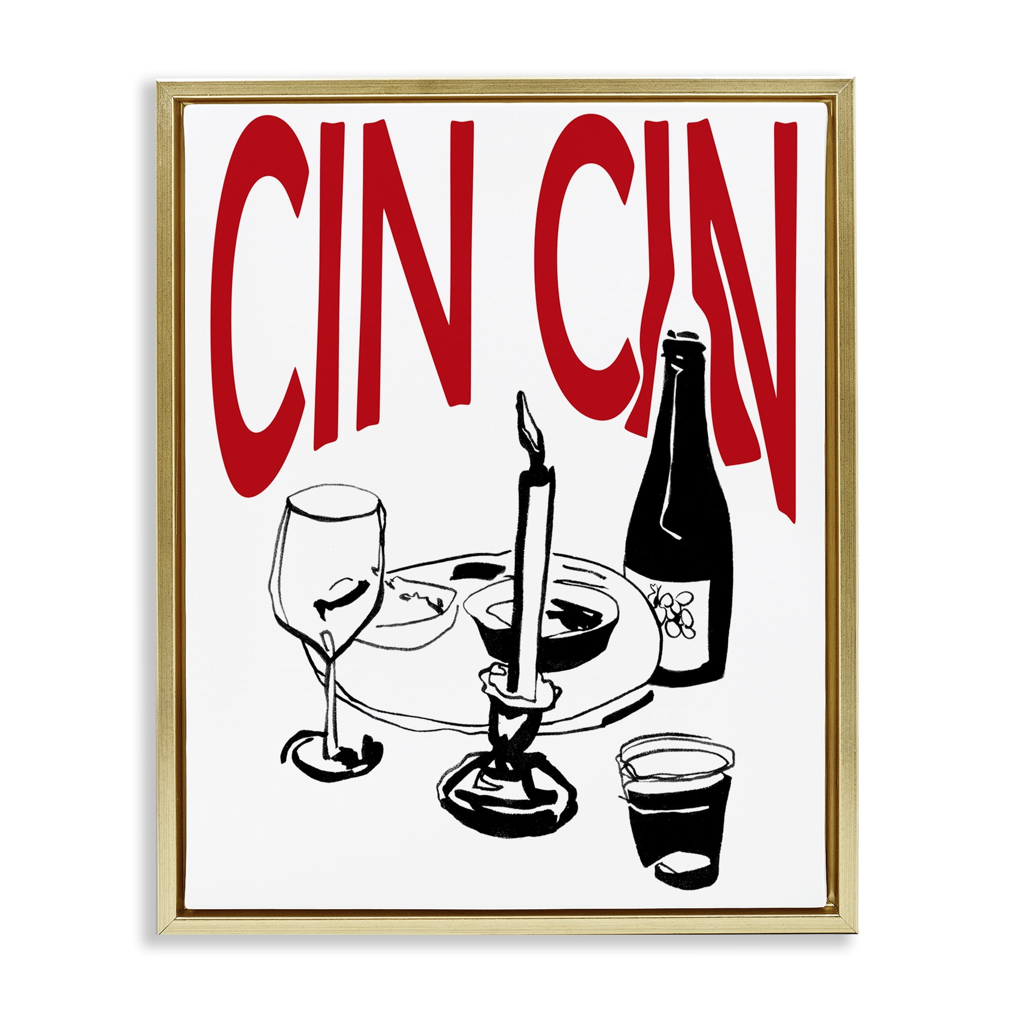 Stupell Industries Cheers Cin Cin Wine Food & Beverage Painting Gold Floater Framed Canvas Art Print Wall Art, 17 x 21