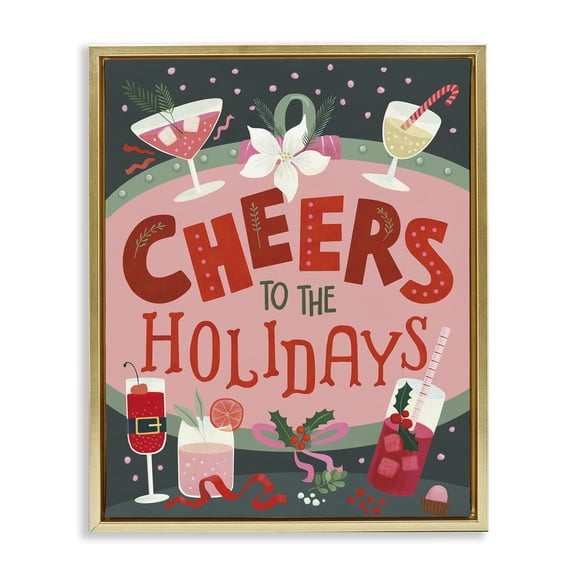 Stupell Industries - Cheers Festive Holiday Drinks Gold Floating Frame Canvas Art, 17 x 21, Made In USA
