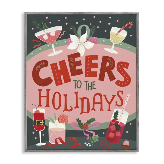 Stupell Industries - Cheers Festive Holiday Drinks Gray Framed Giclee Art, 24 x 30, Made In USA