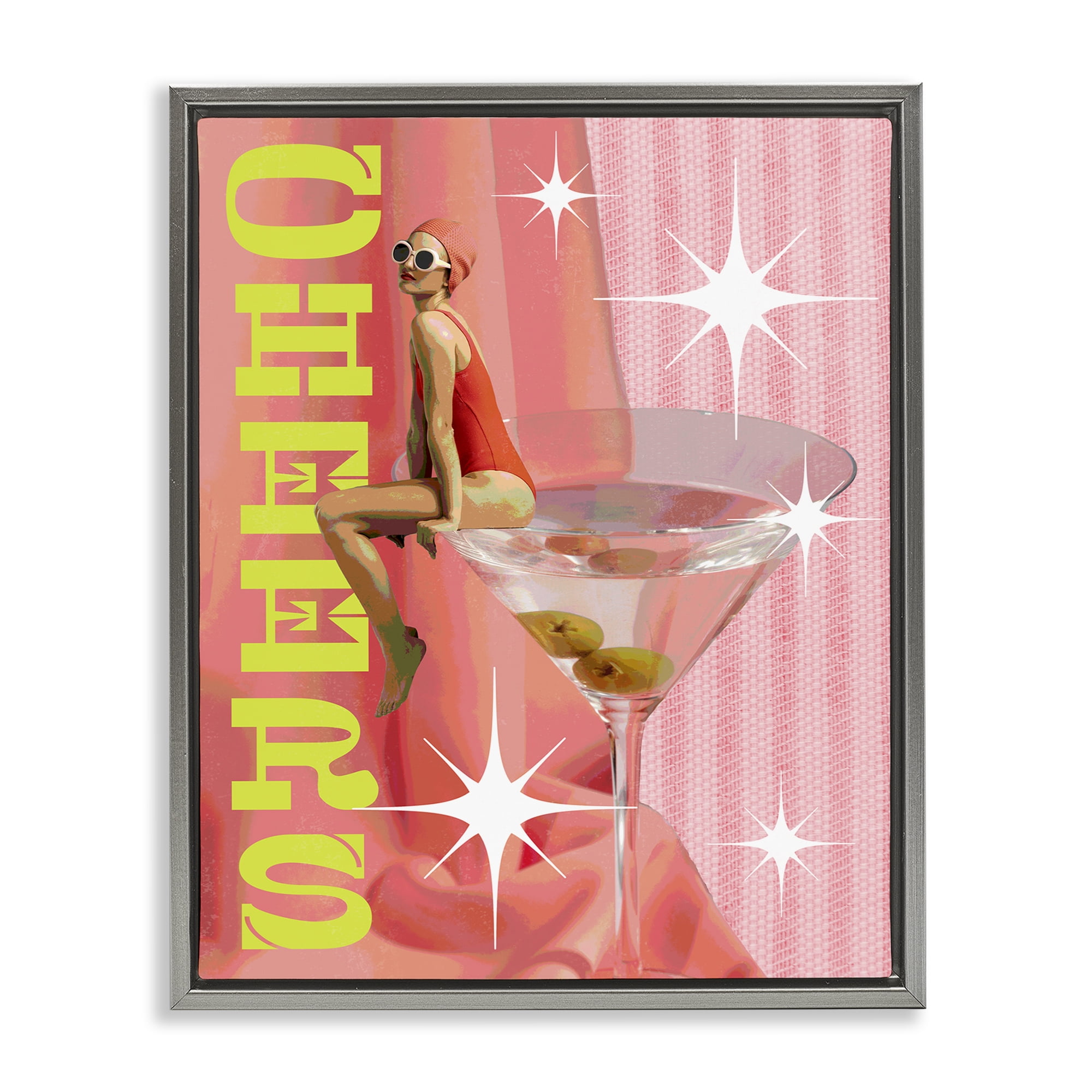Stupell Industries Cheers Retro Drink & Swimmer Food & Beverage Painting Gray Floater Framed Canvas Art Print Wall Art, 25 x 31