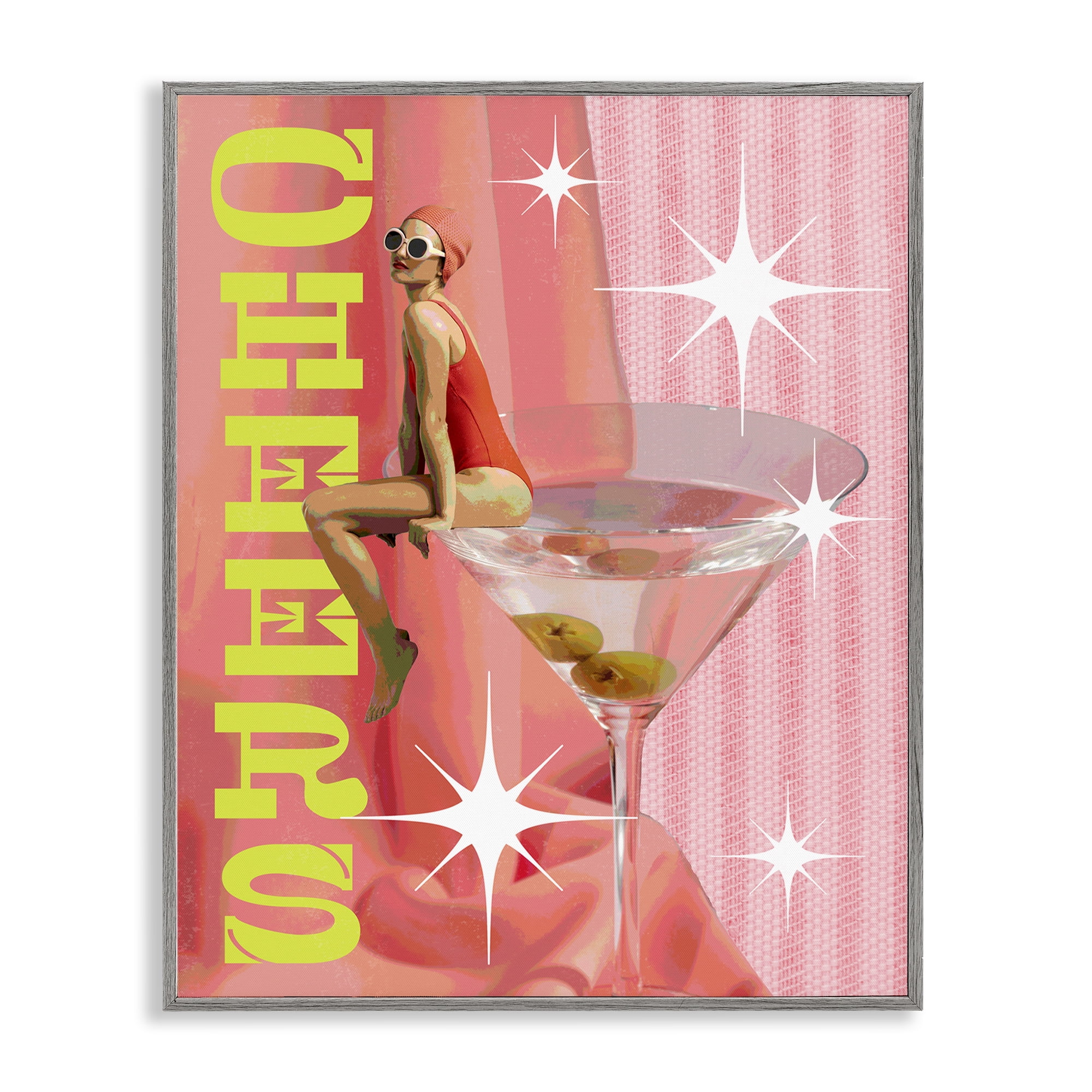 Stupell Industries Cheers Retro Drink & Swimmer Food & Beverage Painting Gray Framed Art Print Wall Art, 11 x 14