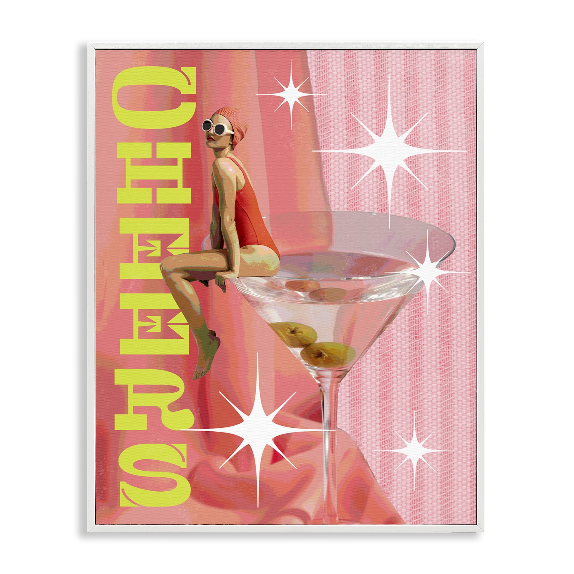 Stupell Industries Cheers Retro Drink & Swimmer Food & Beverage Painting White Framed Art Print Wall Art, 11 x 14
