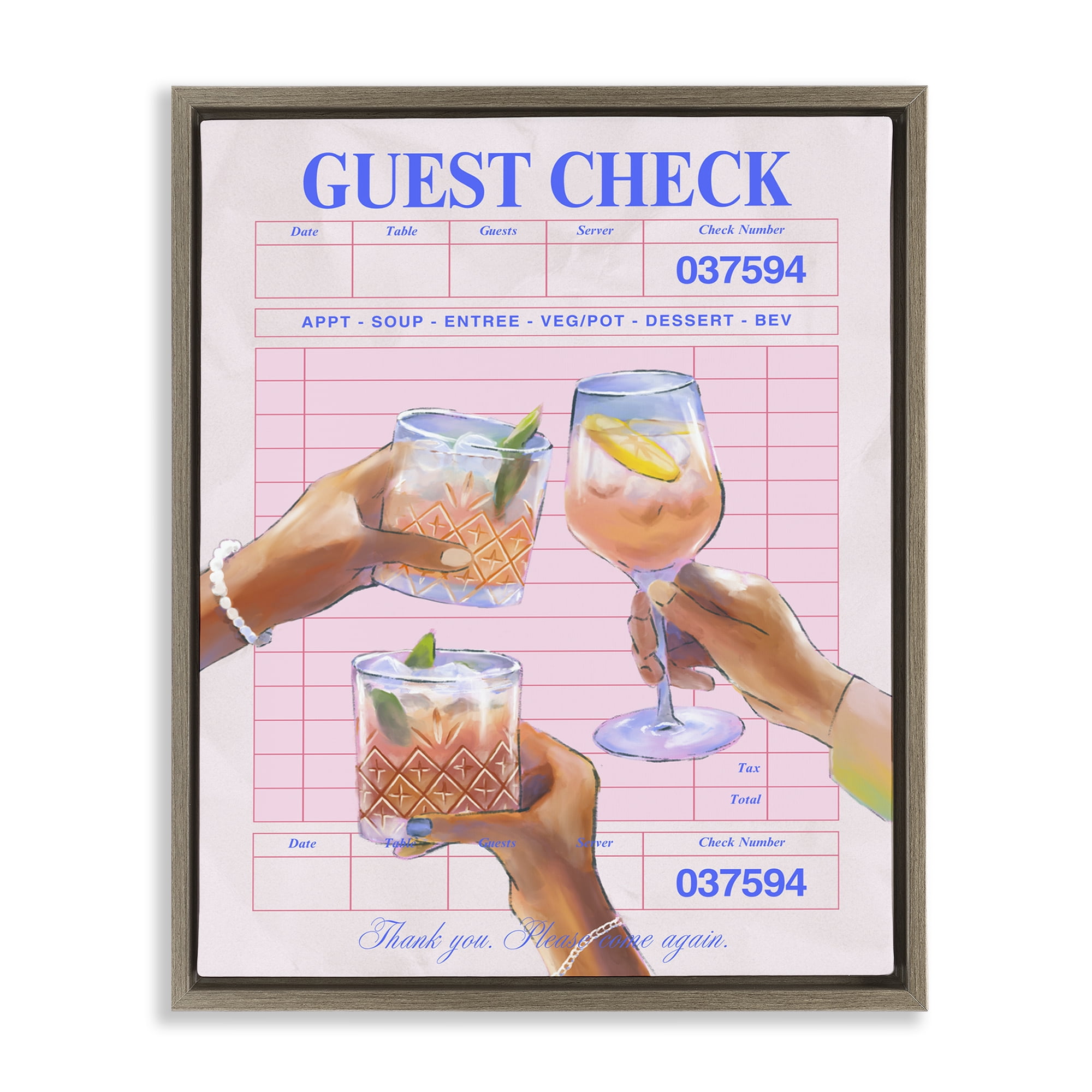 Stupell Industries Cheers over Guest Check Food & Beverage Painting Brown Floater Framed Canvas Art Print Wall Art, 25 x 31