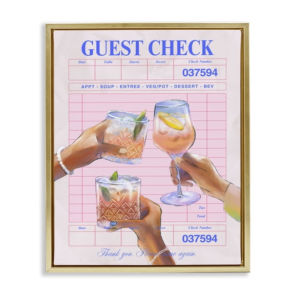 Stupell Industries Cheers over Guest Check Food & Beverage Painting Gold Floater Framed Canvas Art Print Wall Art, 25 x 31